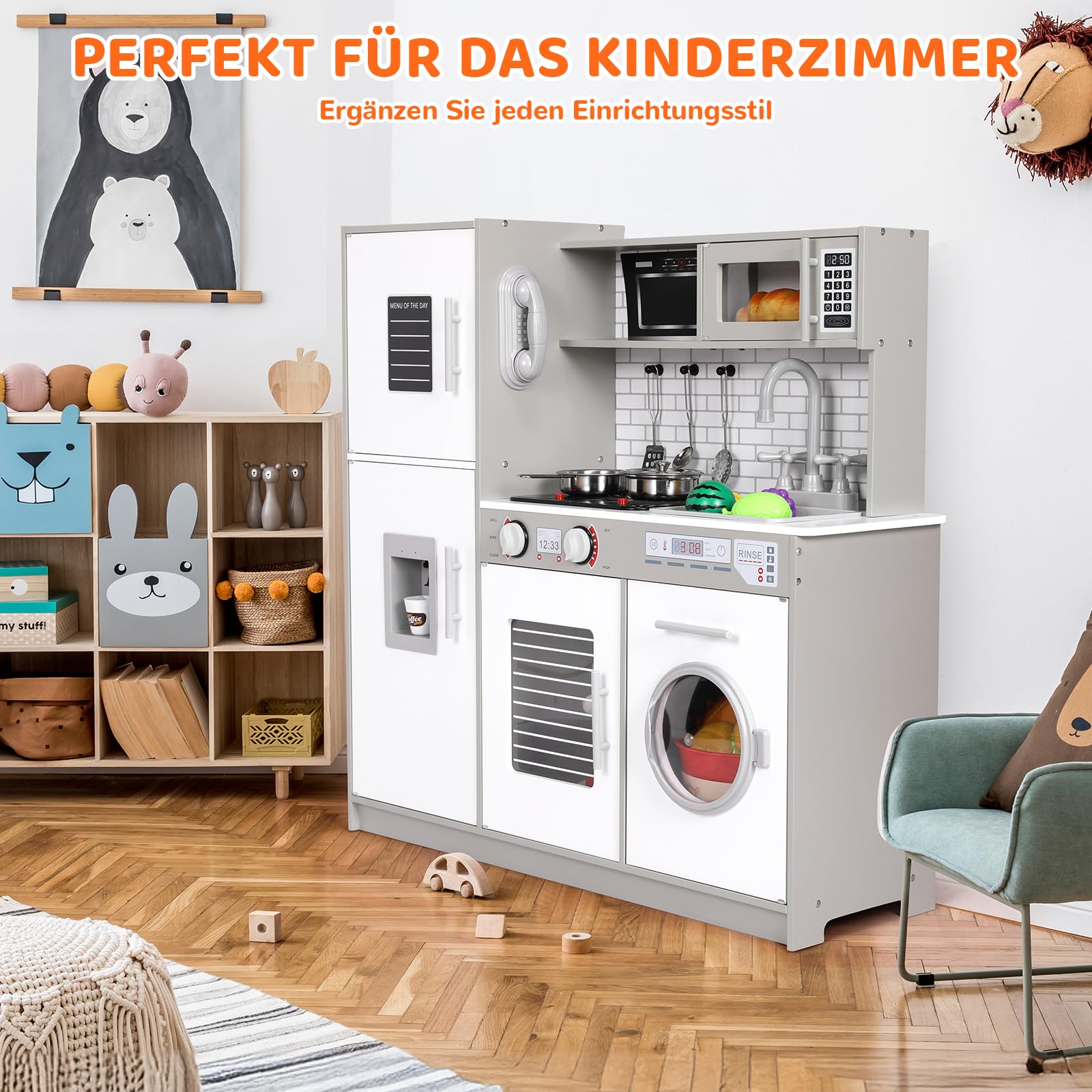 MAMIZO Kinderküche Holz, Spielküchen aus Holz für Kinder, Spielzeugküche mit Licht und Sound, 82x80x25 cm Puppenküche Holz, mit Spielküche Zubehör, Spielzeug für Kinder ab 3 Jahren, Grau-Weiß