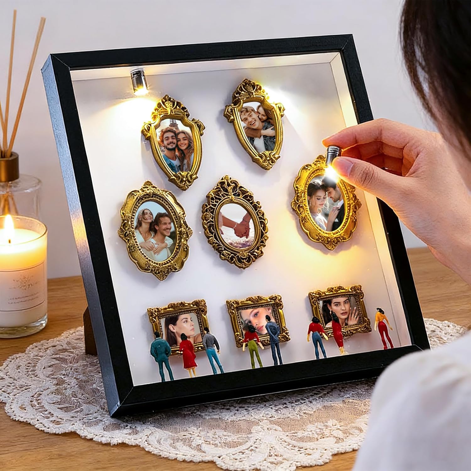 DIY Mini Gold Frames Silhouette Box,2026 Upgrade Shadow Box Frame Display Case,7pcs Mini Museum Figurines & 8pcs Mini Gold Frames, for Anniversary, Wedding, Birthday & Home Decor