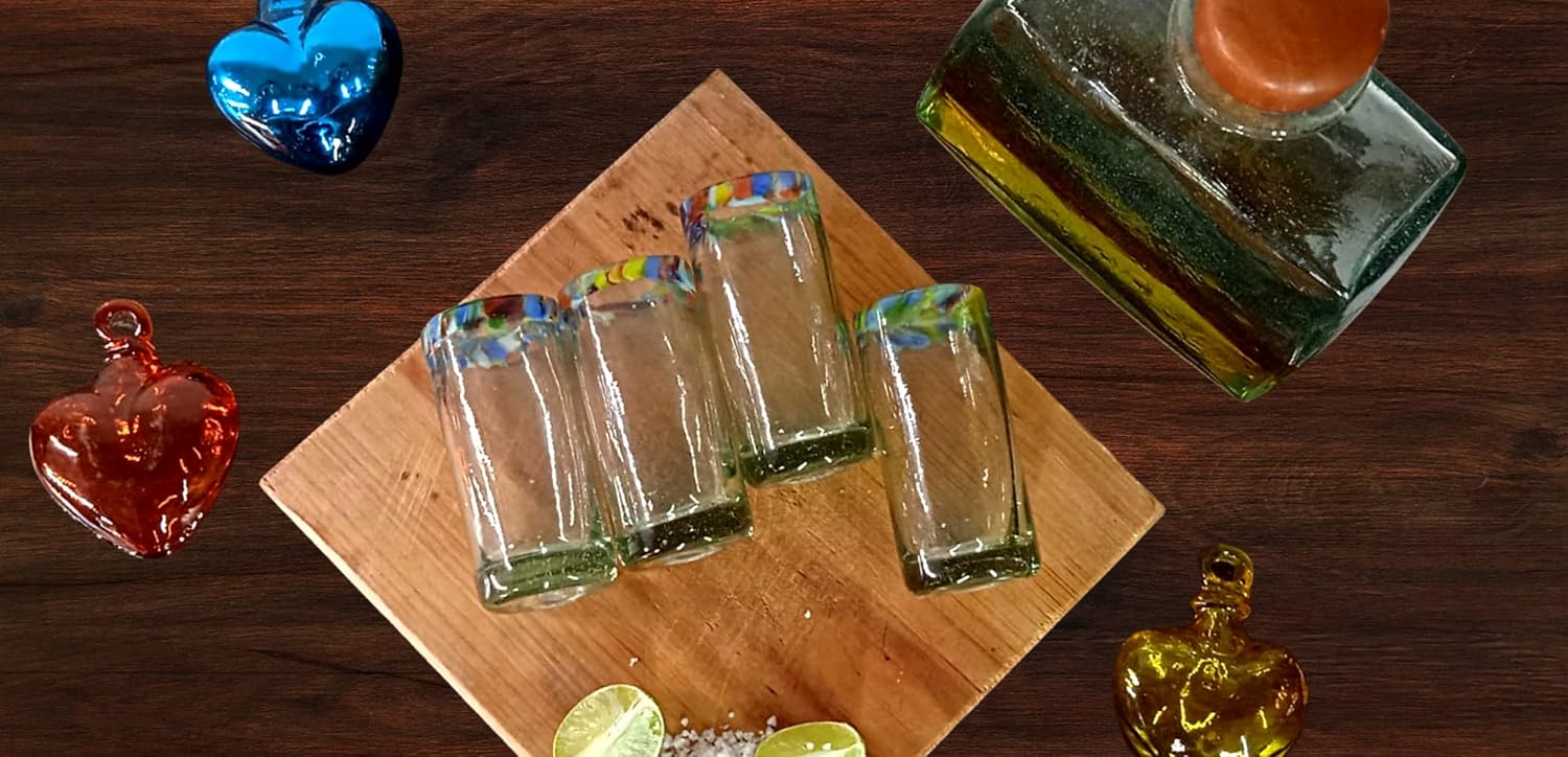 Authentic Mexican Tequila Shot Glasses - Tequila Set of shot glasses - 4 pcs - 2 Oz - Mexican Hand Blown Shot Glass (Confetti Rim)