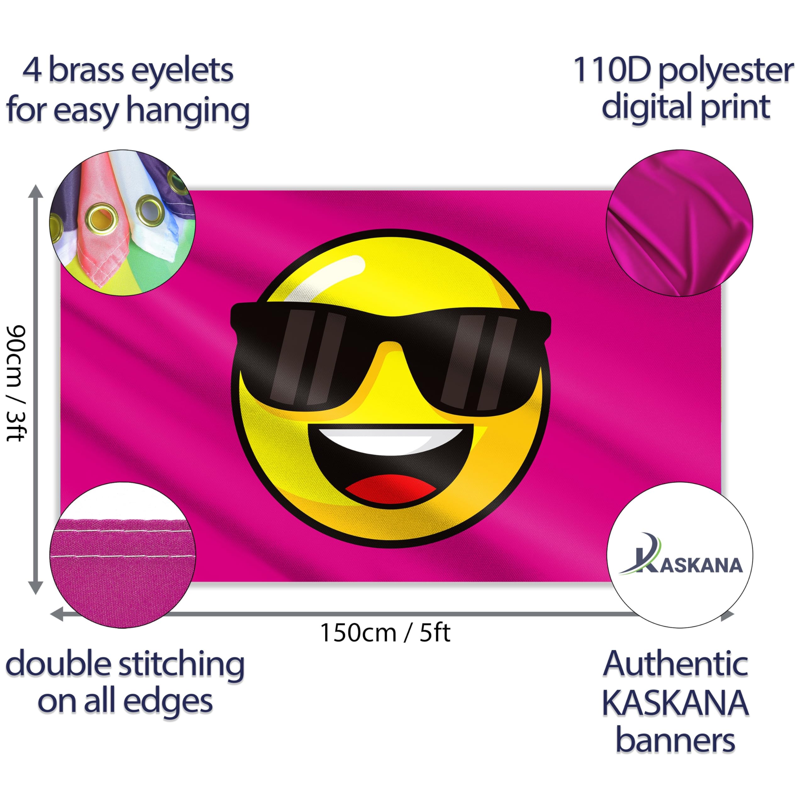 Pink Smiley Face Flag - Funny Flag - Smiley Face Sunglasses Banner - 110D polyester - Double Seam - 4 brass eyelets, large 5ft x 3ft - Image 2