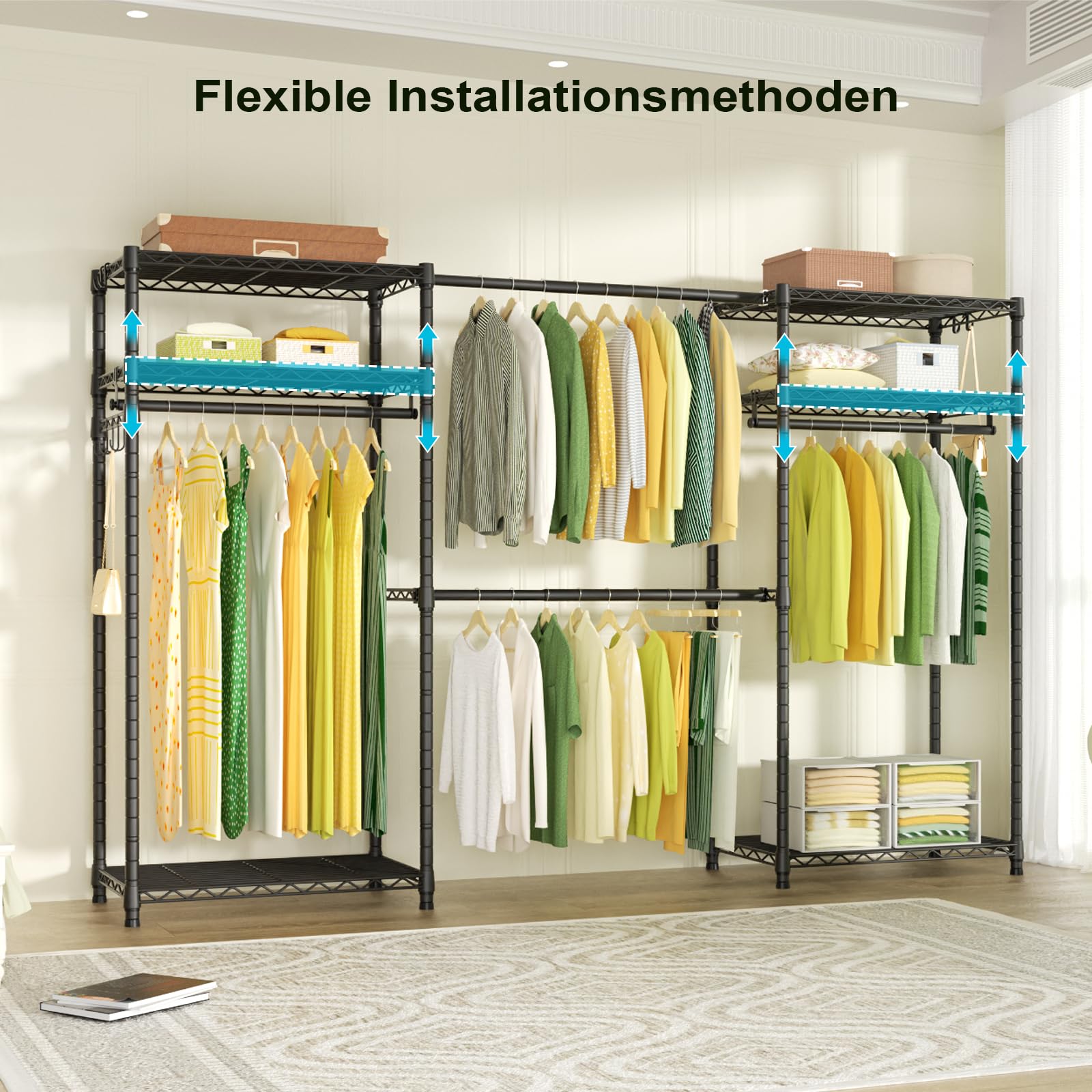 Ulif E1 Schwerlast Kleiderständer, freistehender Kleiderschrank aus Metall mit ausziehbarer Kleiderstange und höhenverstellbaren Regalböden, max. 403 kg, (178-224) x 35,6 x 181,5 cm, Schwarz