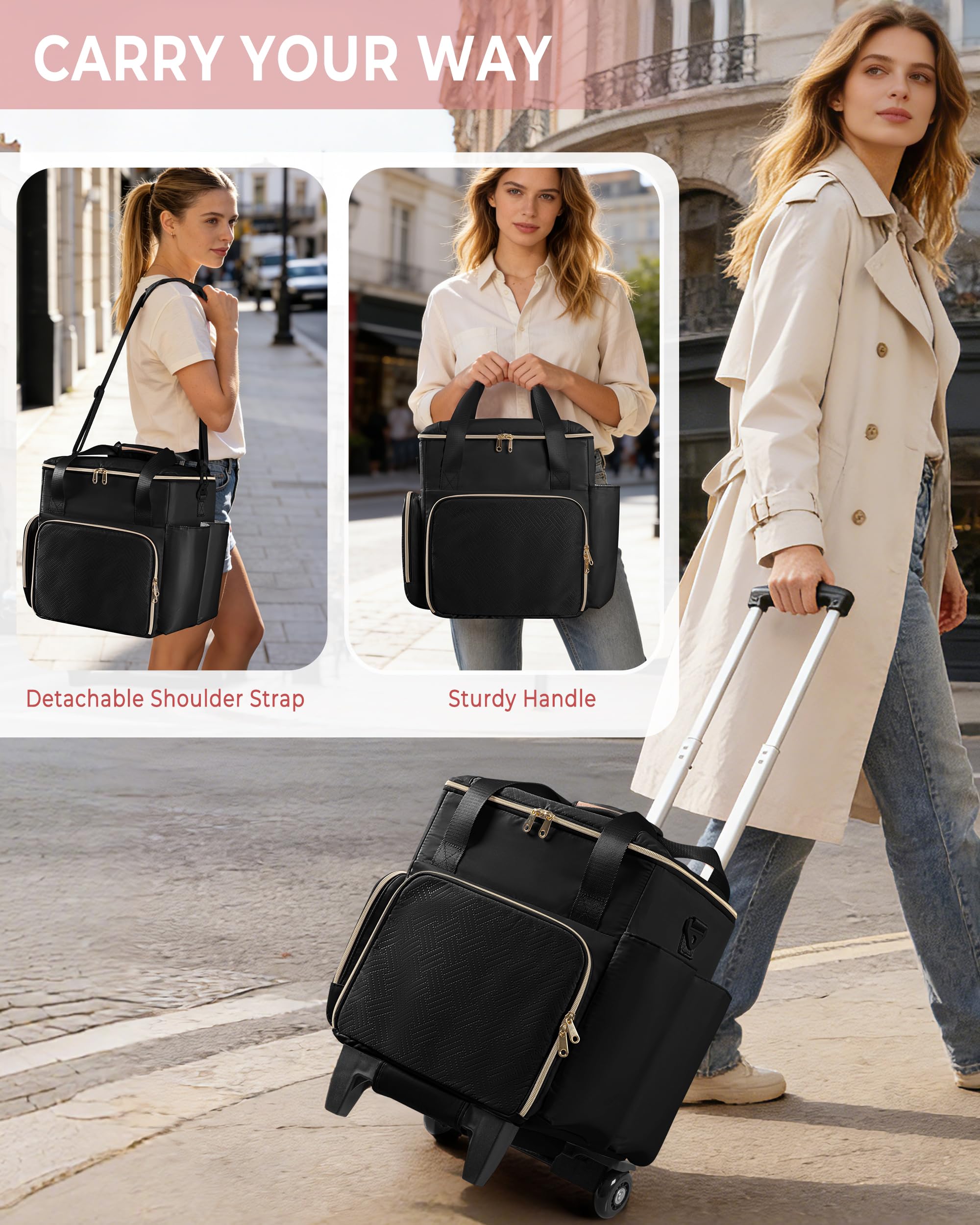 Borsa Trolley da Viaggio per Parrucchieri, Borsa Porta-Attrezzi con 2 Pochette Rimovibili e Strato Termoisolante, Valigia su Ruote per Cosmetica e Make-up, Nero