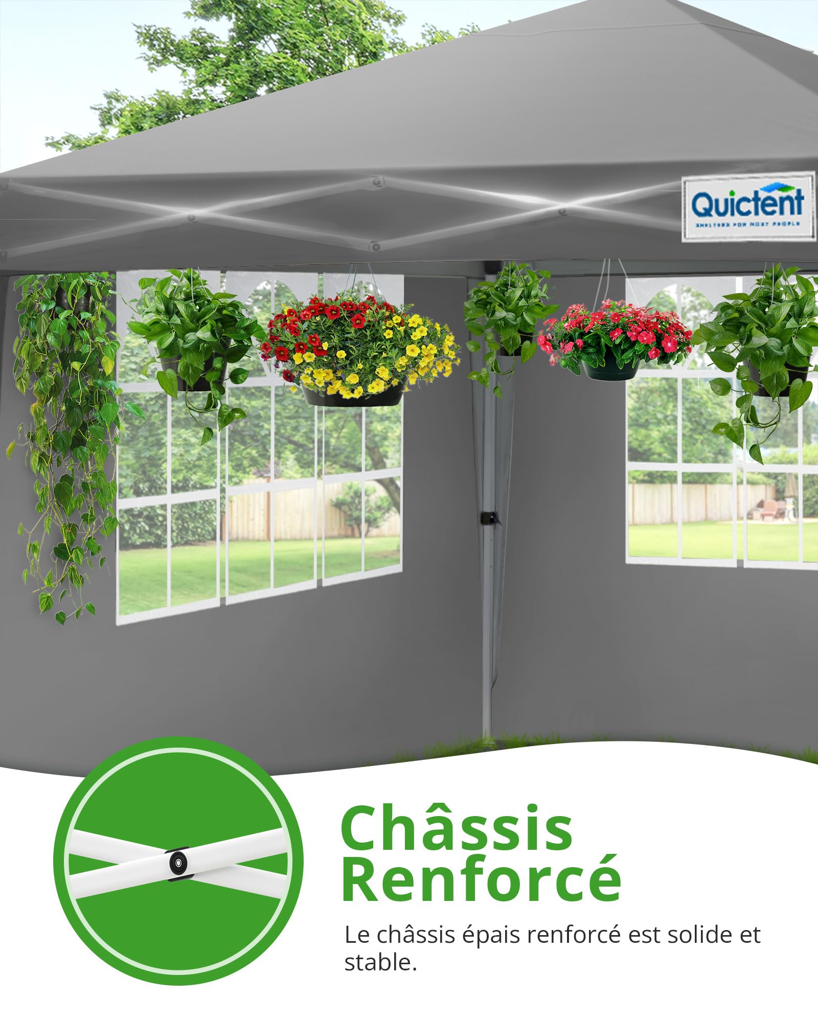 Quictent Tonnelle pliante 2,4 x 2,4 m avec 4 panneaux latéraux, imperméable, tente de réception, tente de jardin pour fêtes et marché aux puces Gris