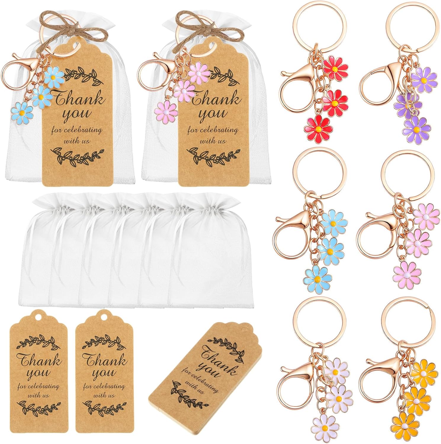 Ecation 20 Set Flower Keychain Party Favor Bulk Keyring Charm for Guest Baptism Bridal Shower Mother's Day Wedding Gift(White,Cherry Blossom)