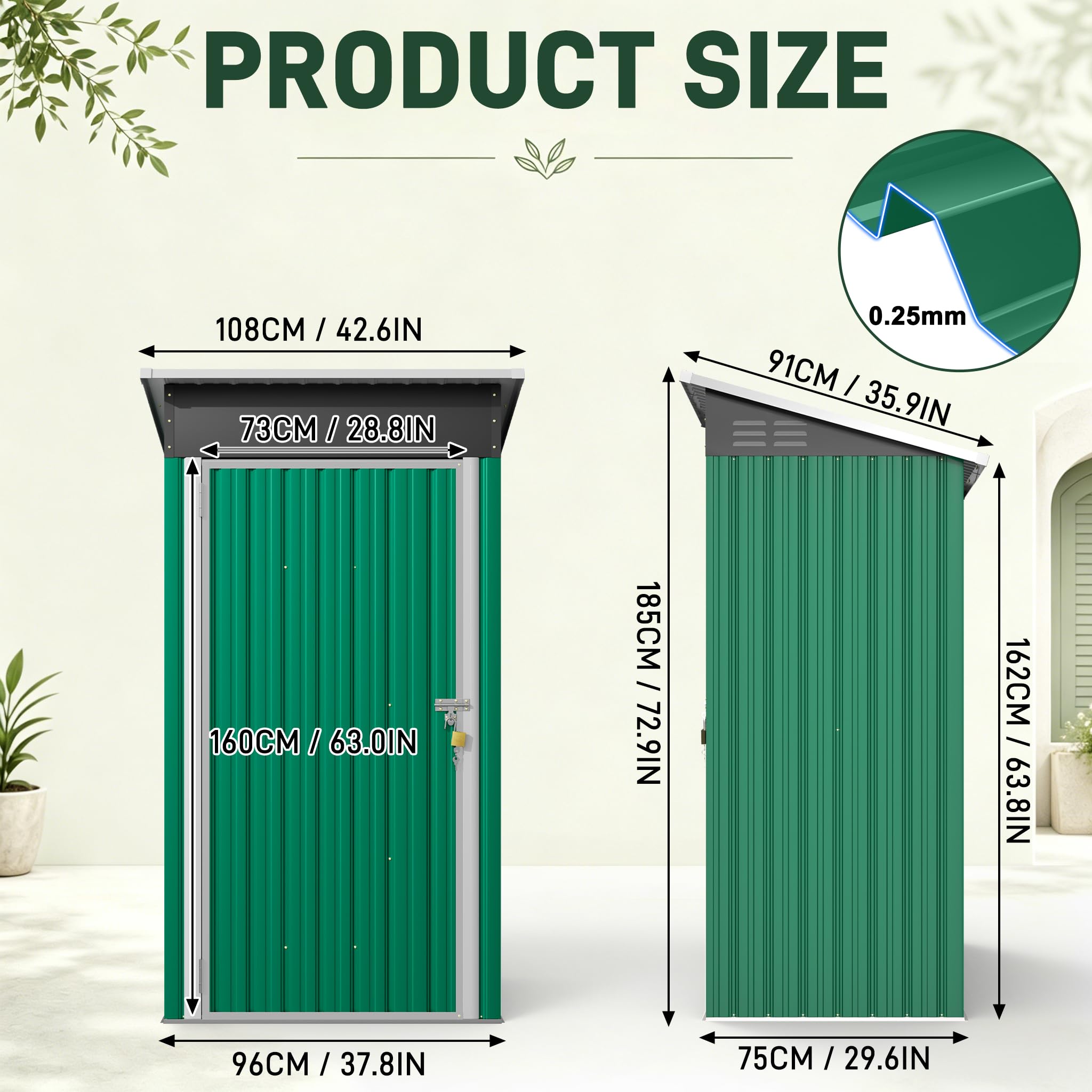 UISEBRT Cobertizo de metal 1,5 m³ 108 x 91 x 185 cm, resistente a la intemperie, con techo inclinado y orificios de ventilación, caseta de jardín con cerradura para herramientas de jardín