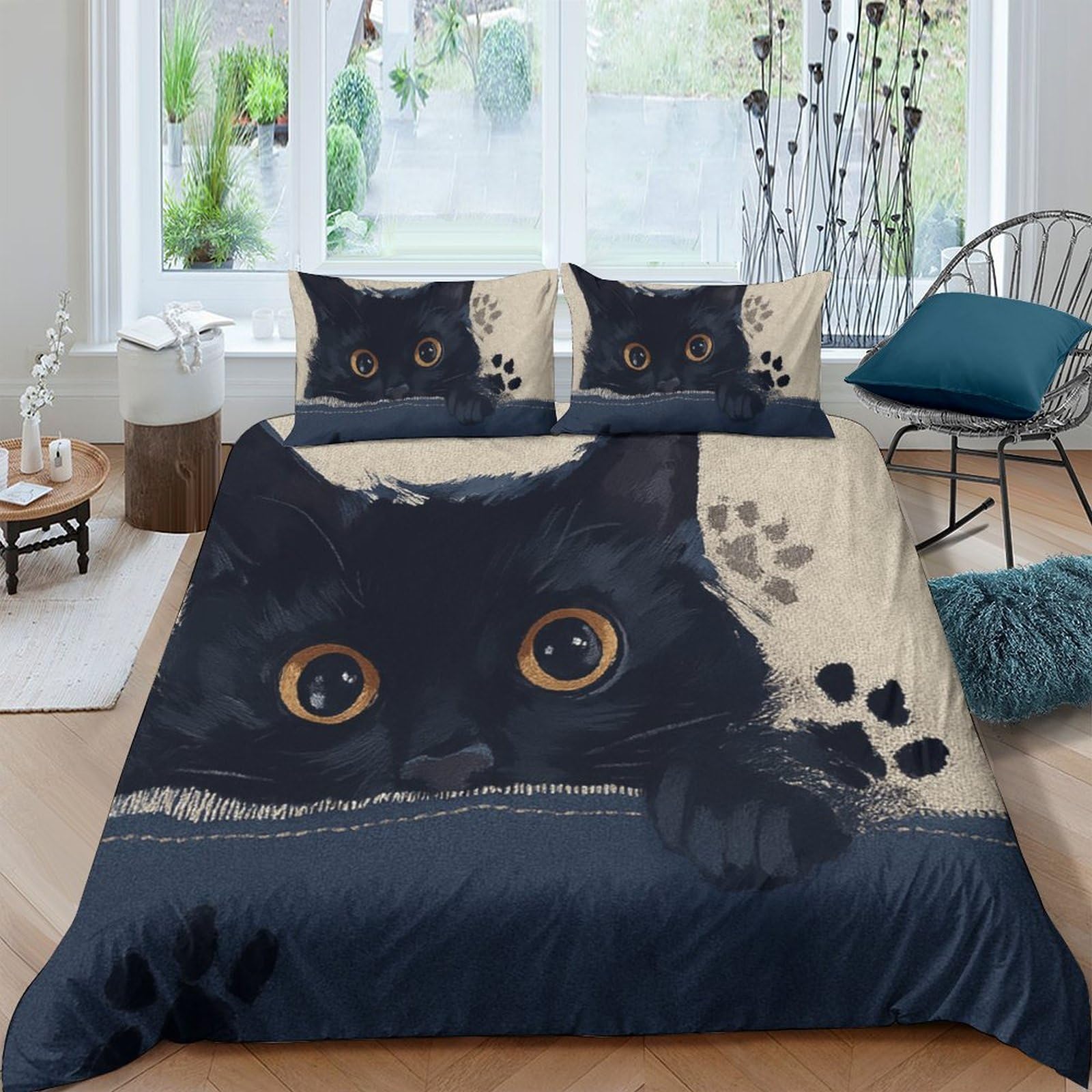 Ctjqhvkz Style-5 3D Printed Black Cat Fitted Sheet Microfiber Soft Breathable Paw Print Bed Cover For Bedroom Dorm Mattress Decor Single（135X200cm）