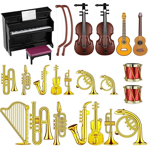 Civaner 24 Pcs Dollhouse Musical Instruments Christmas Miniature Violin Piano