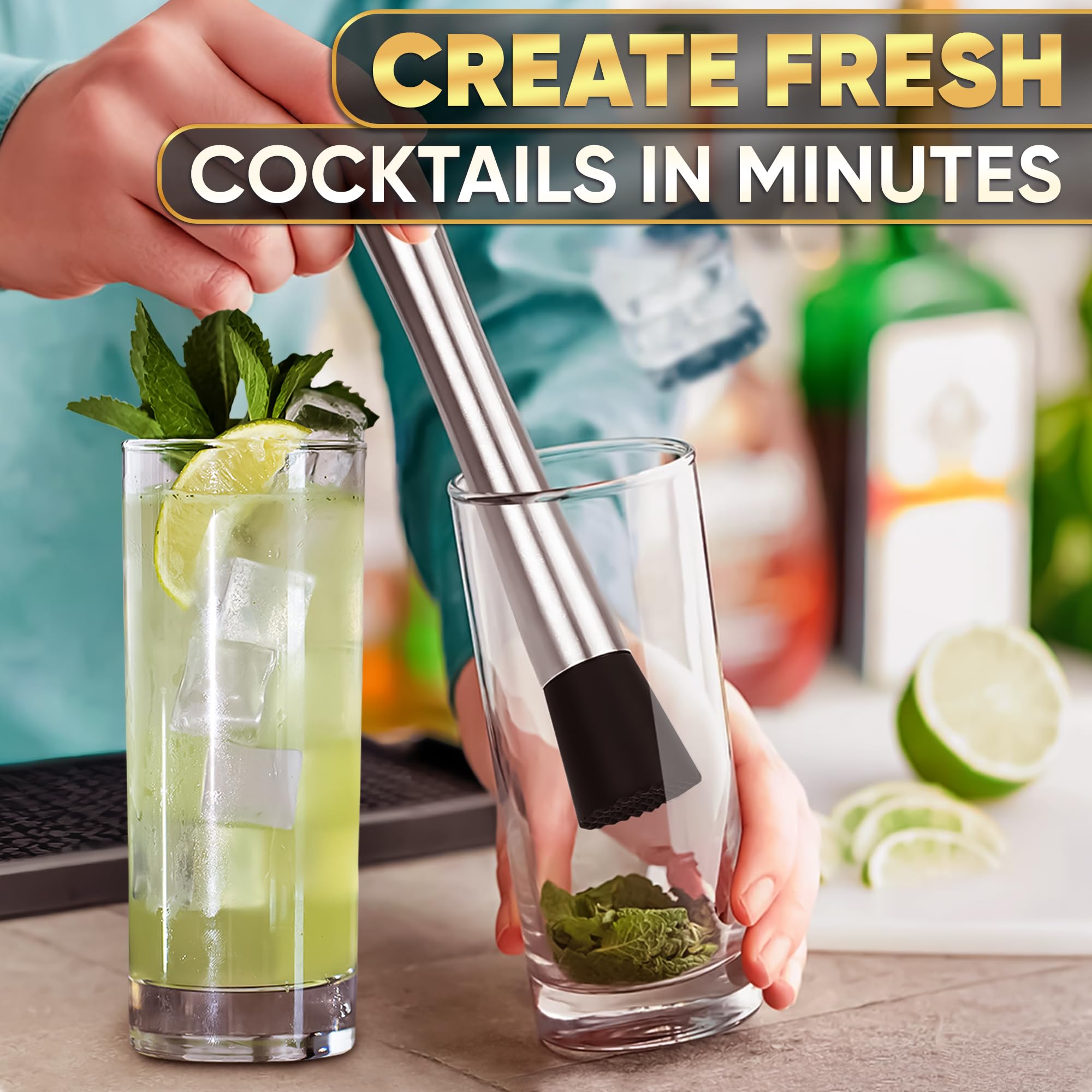 Muddler per cocktail - Strumento per cocktail da 20,3 cm con manico in acciaio inossidabile e testa scanalata in nylon - Frusta per bevande, mojito, menta, limoni, erbe, cocktail estivi e cocktail