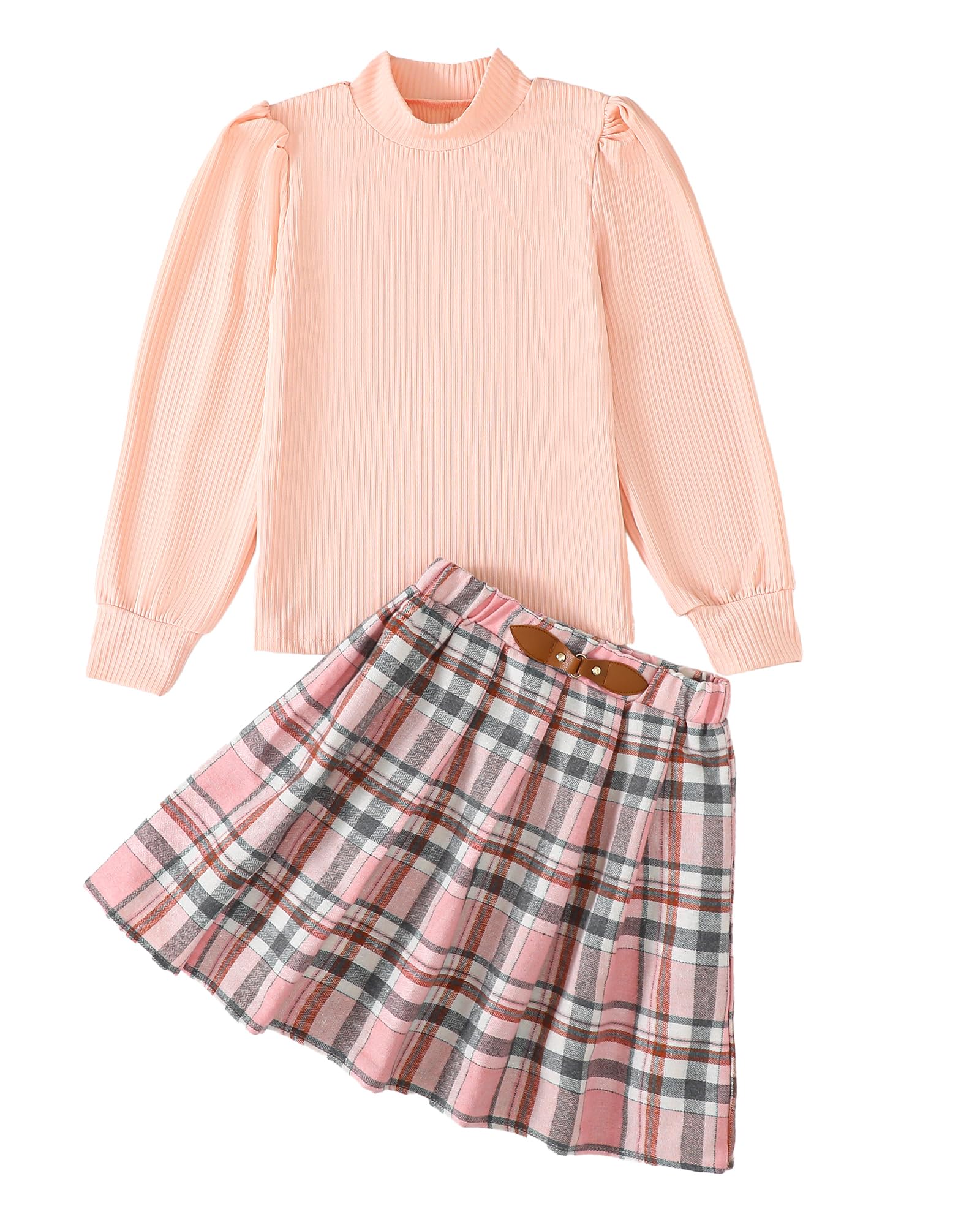 YOURUIKEY Girls Skirt Sets 2 Piece Outfits Long Sleeve Puff Mock Neck Tops and Plaid Skirts Fall Winter Clothes Size 6-14Y