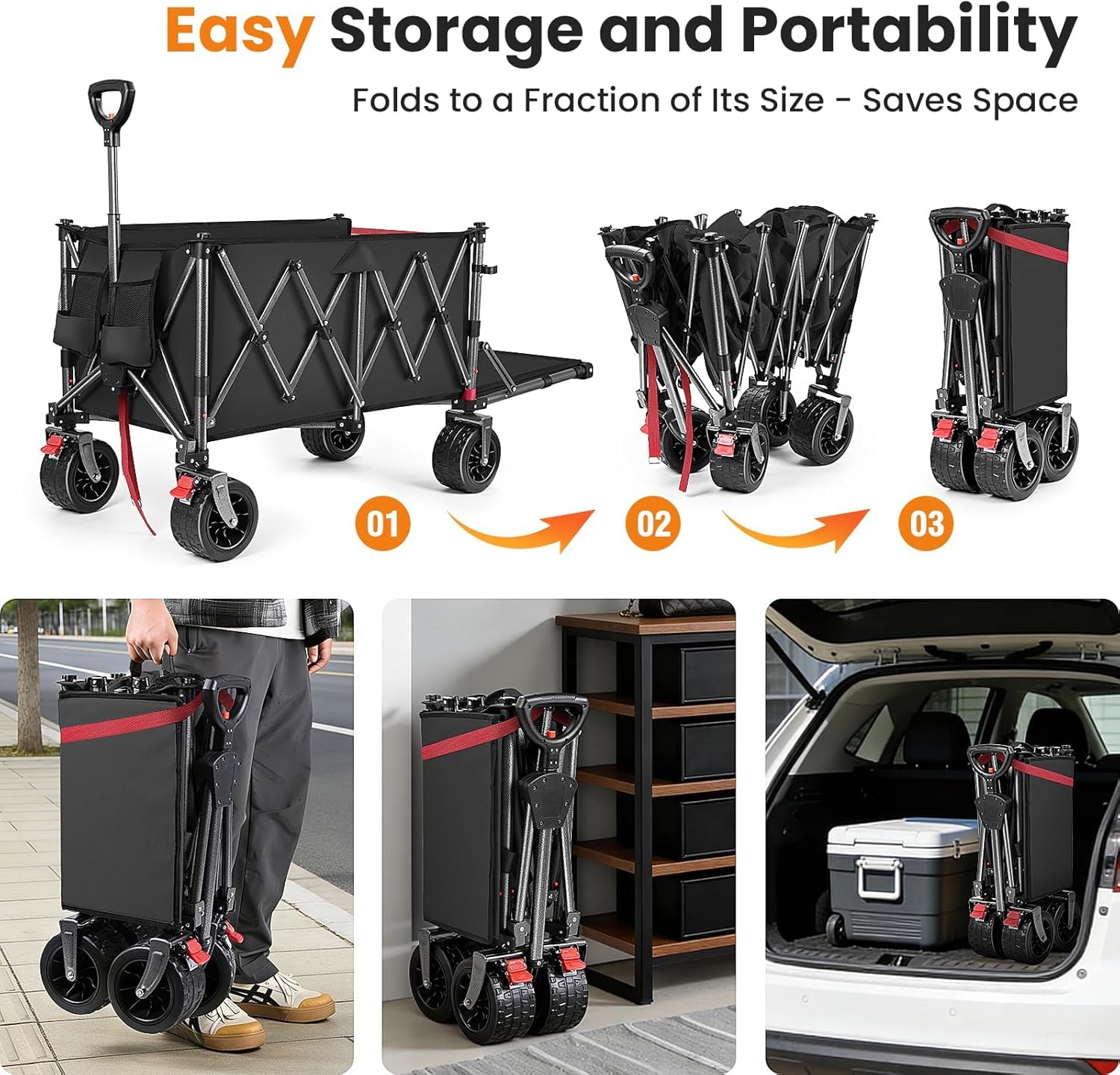YEAUPE PRO Bollerwagen faltbar mit Feststellbremse, 66L 50kg, Faltbarer Bollerwagen aus 4 Richtungen, Höhenverstellbarer Griff & Seitenöffnung für Garten, Camping, Strandwagen & Einkaufen, Schwarz