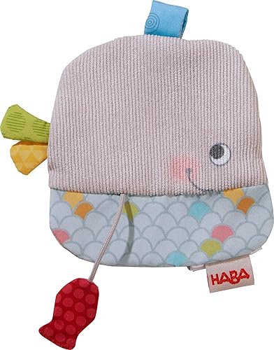 HABA Whale Lovey - Juguete arrugado, paño suave para bebé y chupete para bebé con pez rojo adjunto para juego sensorial