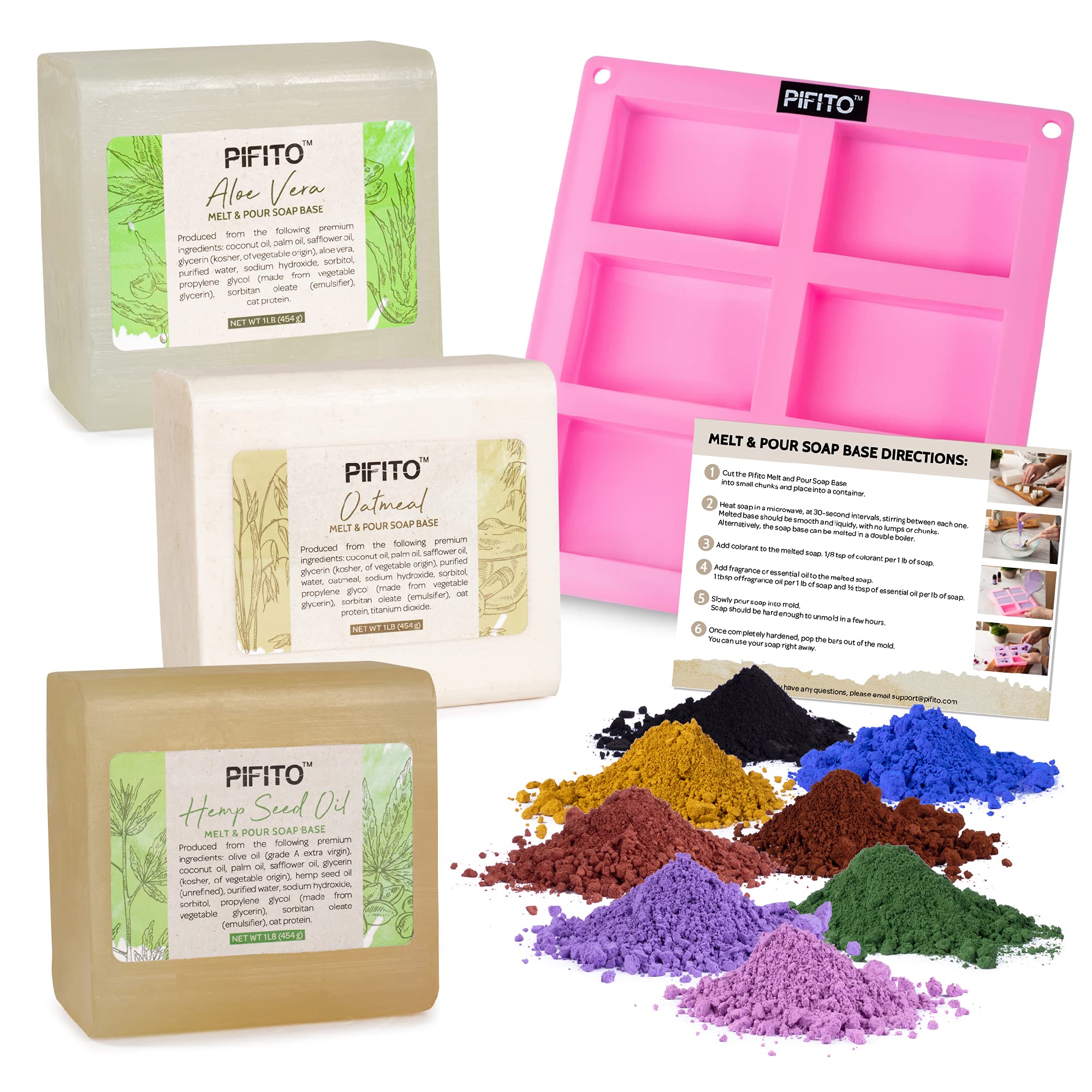 Pifito Soap Making Kit │ DIY Soap Making Supplies - 3 lbs Melt and Pour Soap Base (Aloe Vera, Oatmeal, Hemp Seed Oil), 8-Pack Oxide Pigment Colorants Sampler, Mold and Instructions