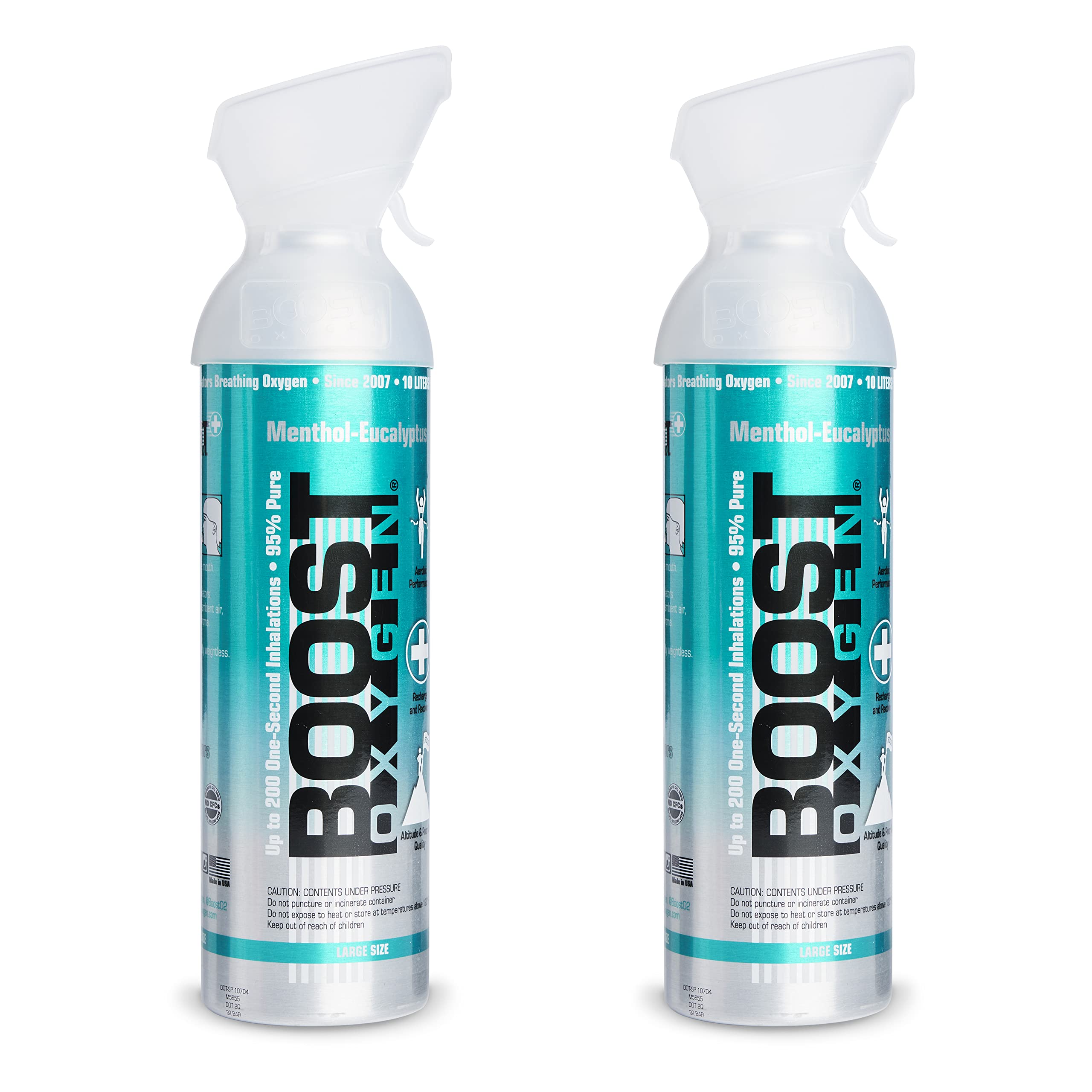 2 Pack Large 10-Liter Boost Oxygen Portable Pure Canned Natural Oxygen Canister Bottle for High Altitudes, Athletes, and More, Menthol Eucalyptus