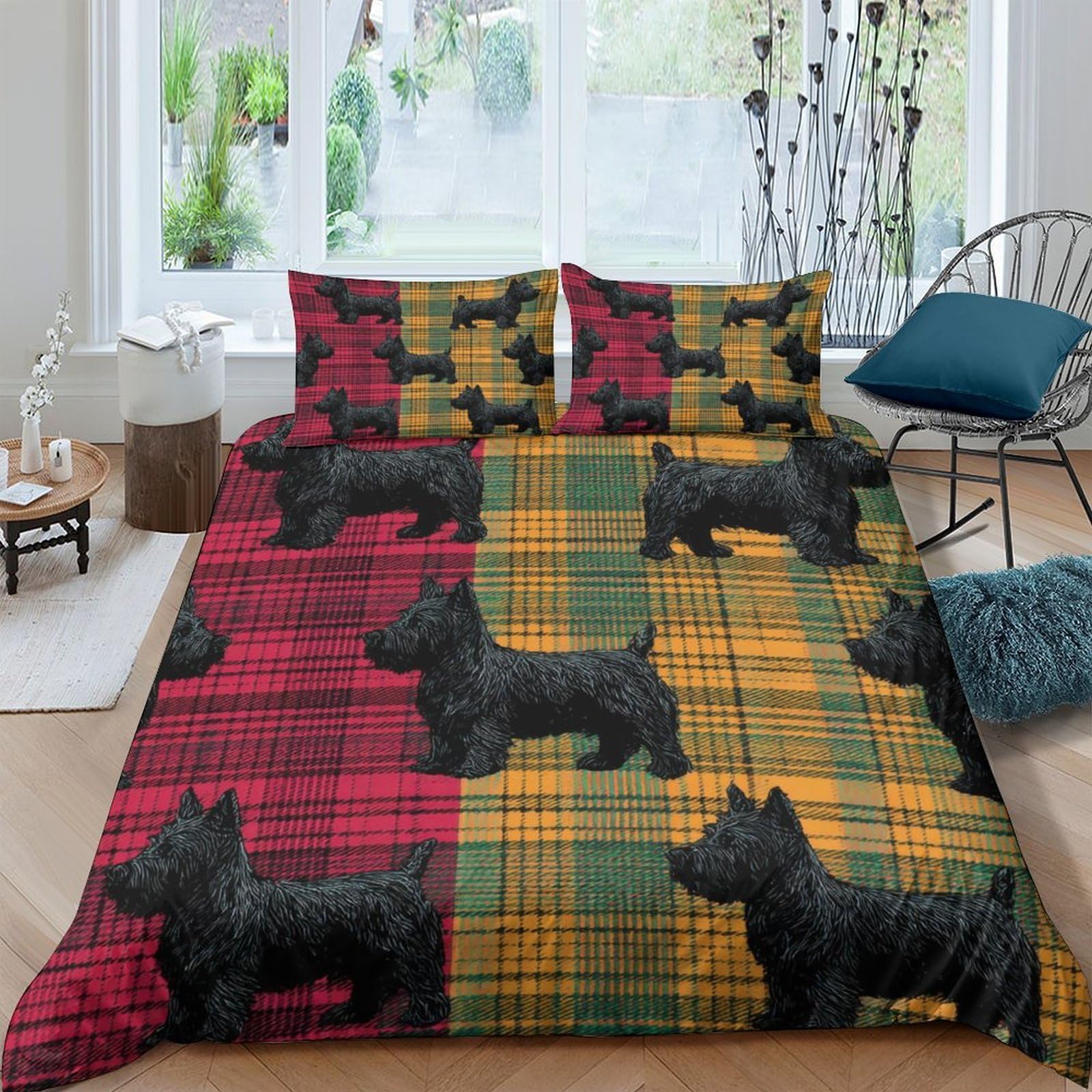 Ctjqhvkz Style-6 3D Printed Scottish Plaid Fitted Sheet Microfiber Soft Black Terrier Bed Cover For Bedroom Guest Room Decor Single（135X200cm）