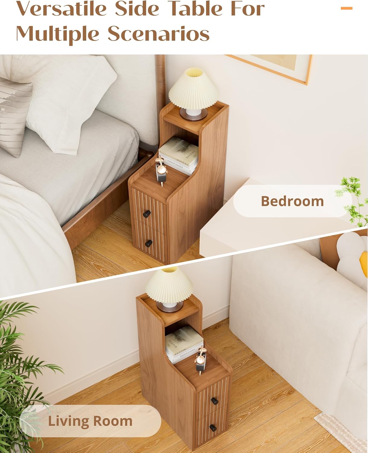 Narrow Side Table with 2 Drawers, Small Bedside Tables, Mid Century Modern Slim Night Stand with Storage, Wooden End Table for Small Spaces, Bedroom, Living Room（No Charging Station）