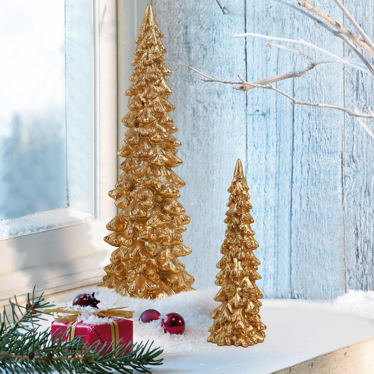 Juegoal Christmas Tree Table Decorations Set of 2, 9.5" Golden Resin Xmas Pine Trees, Vintage Tabletop Trees Ornaments Dinner Holiday Party Supplies, Winter Mantle Shelf Centerpieces Decor