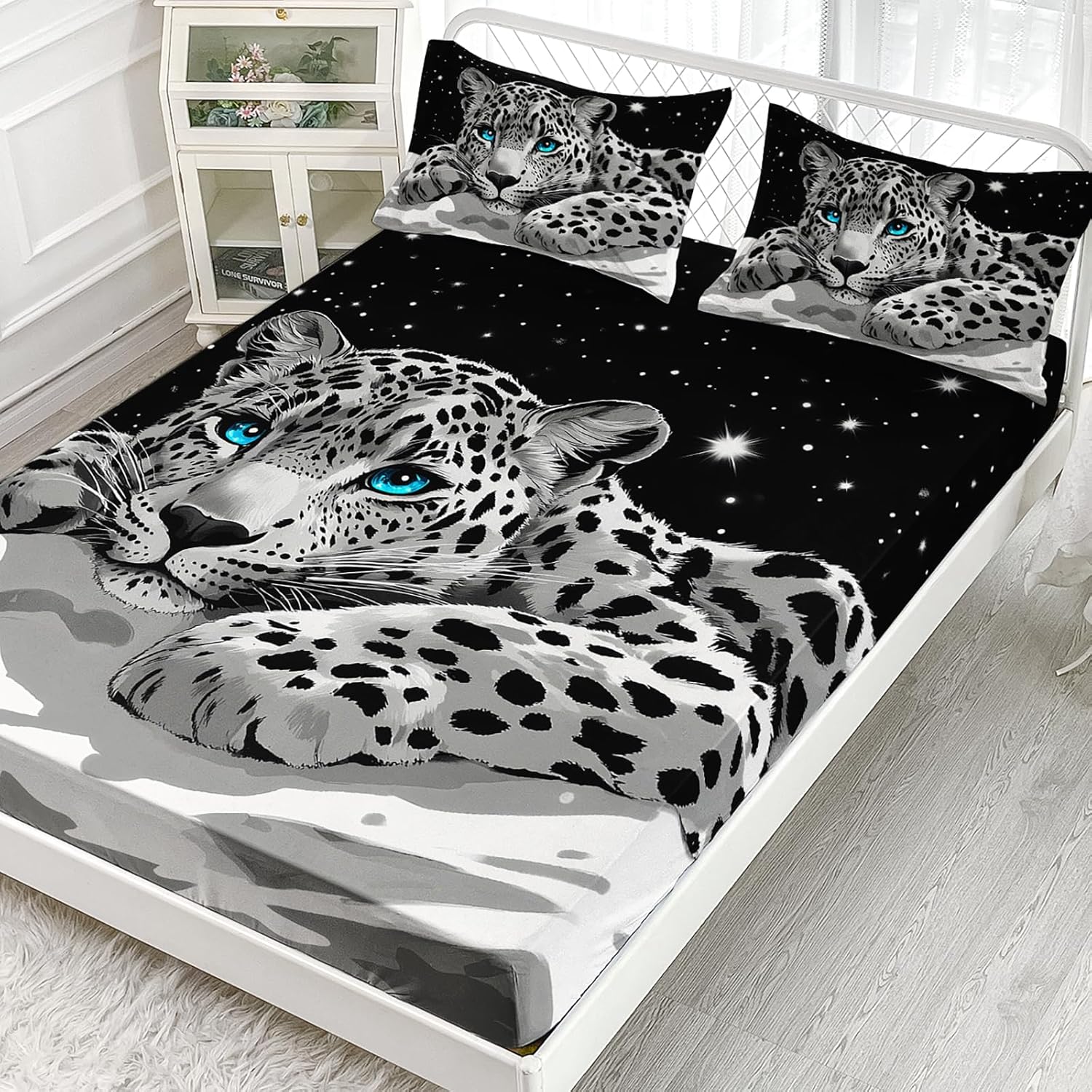 AILONEN Snow Leopard Fitted Sheet Set,Wildlife Lay Under Starry Sky Bedding Twin Size,Bedsheet with Deep Pocket,1 Bed Sheet & 2 Pillowcases,3Pcs