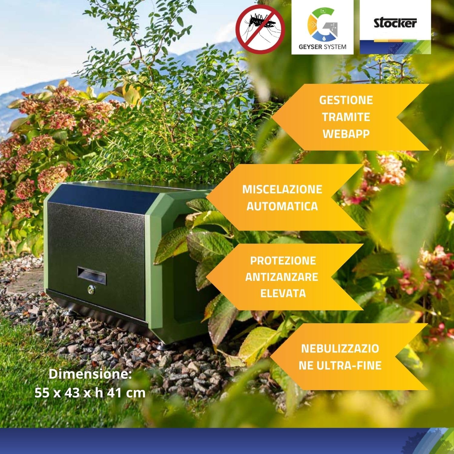 STOCKER - Kit Nebulizzatore Geyser PRO Lite - Sistema Anti-Zanzare Automatico WiFi, Copertura fino a 650 mq, 125 m di Tubo, Tanica 7 L, Alimentazione Rete o Batteria, Kit Completo di Installazione