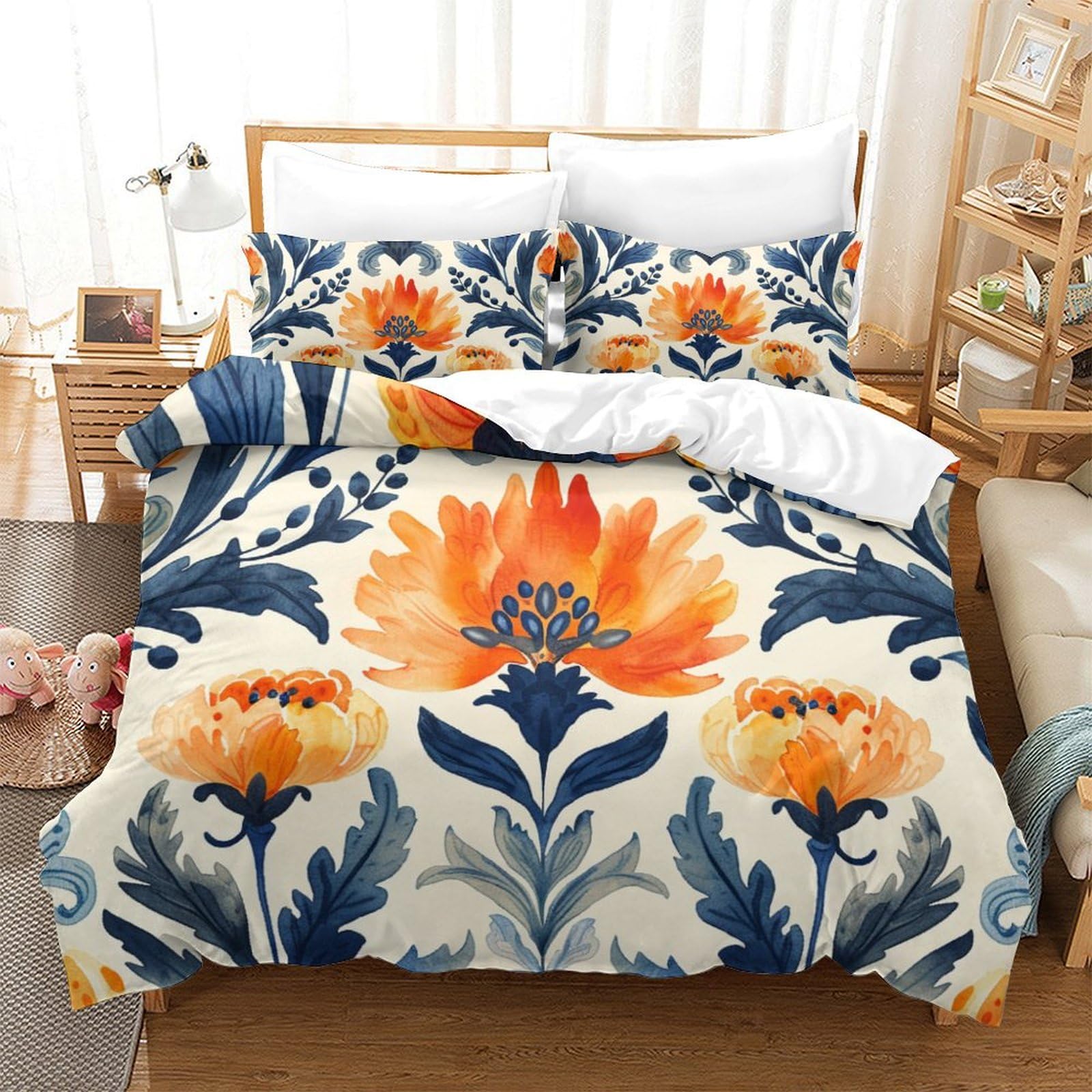 Housse de couette 3Pcs motif floral relief avec fermeture éclair 260x220