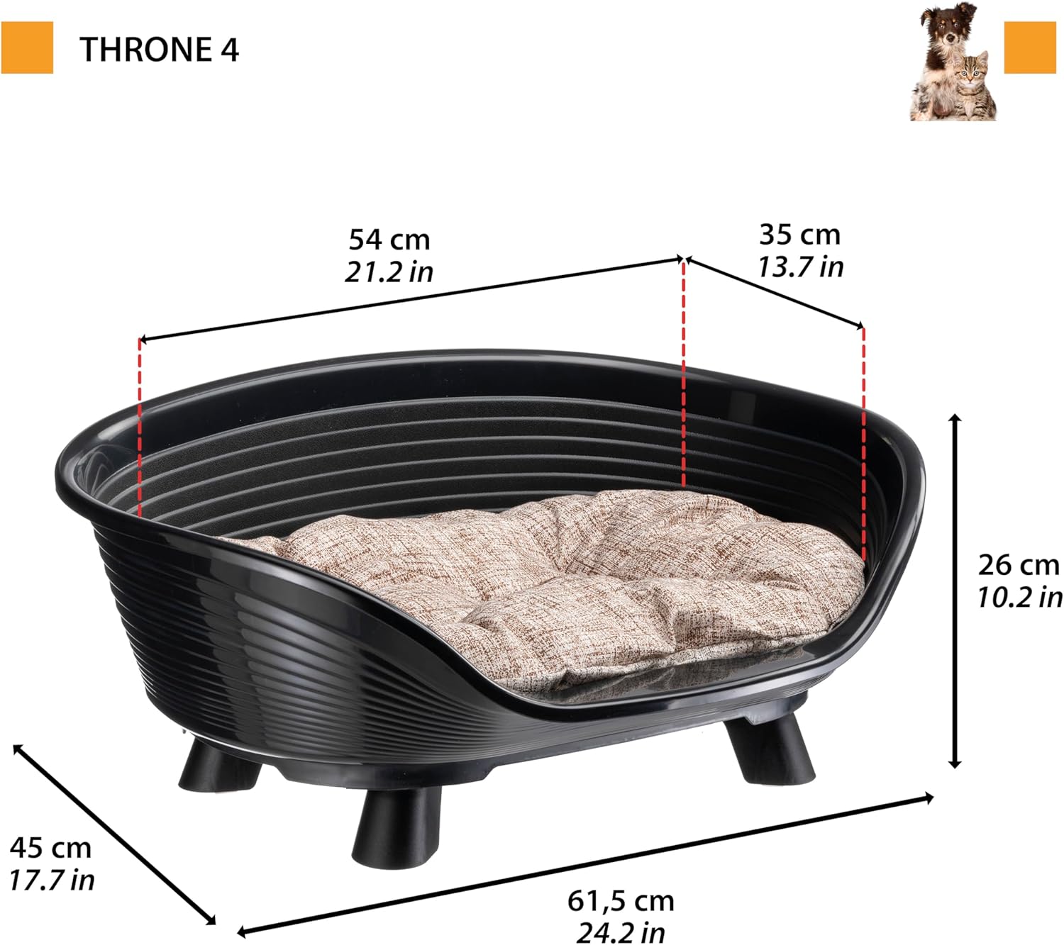 Ferplast Dog Bed & Cat Bed with Cotton Cushion, Raised Dog Bed, Plastic Dog Bed Small, Dog Bed Washable, Dog Basket, Cat Basket, Breathable & Antislip, THRONE 61,5 x 45 x h 26 cm, Black 3 81F3lP5LXFL. AC SL1500