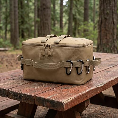 Large Tactical Outdoor Storage Bag Heavy Duty 600D Camping Organizer with MOLLE System Reinforced PE Board & SBS Zippers for Travel-Mud Brown