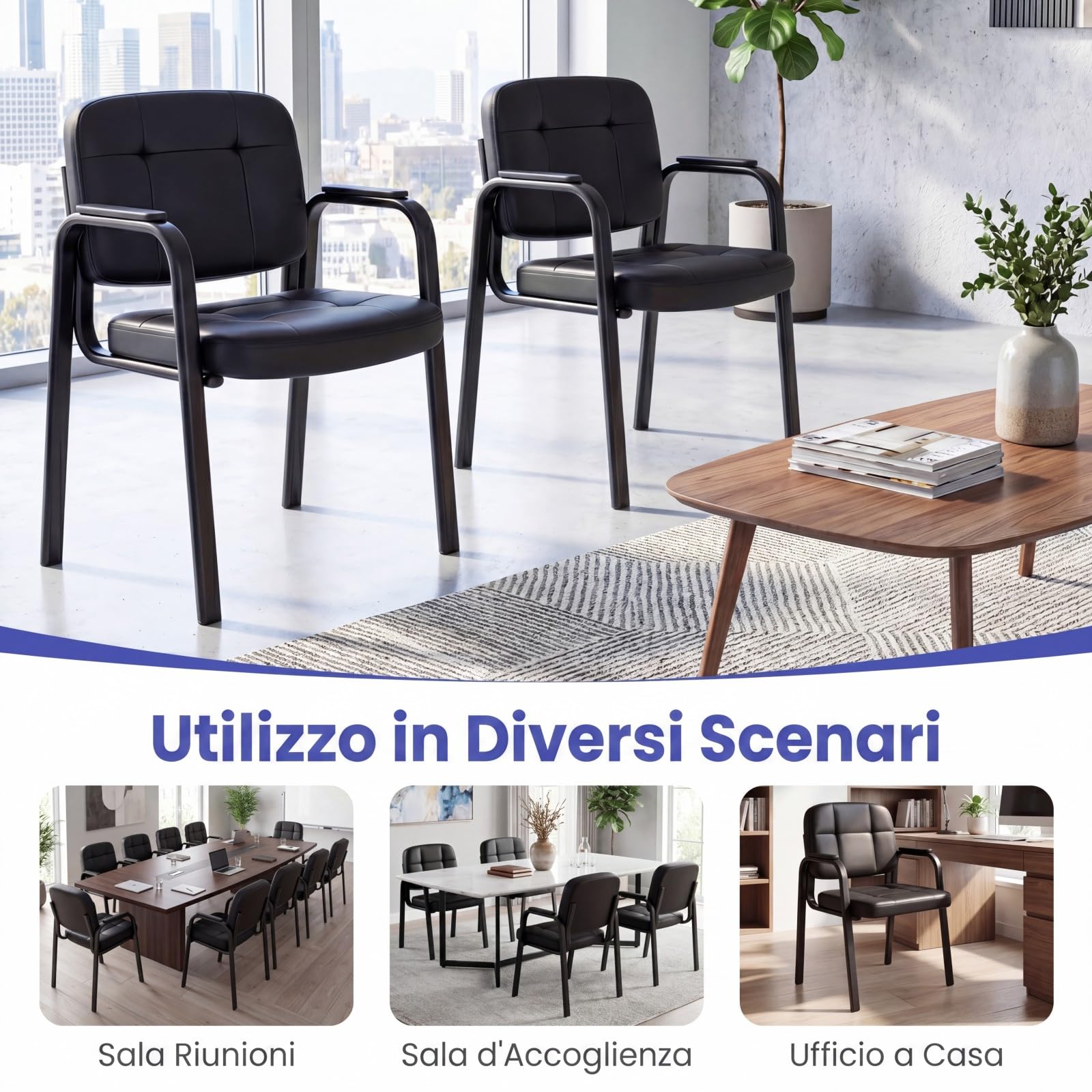 COSTWAY Set di 2 Sedie Scrivania, Sedie da Ufficio senza Ruote, con Braccioli Imbottiti e Schienale Ergonomico, Struttura in Metallo Resistente, per Sala Riunioni, Studio, Portata 150 kg