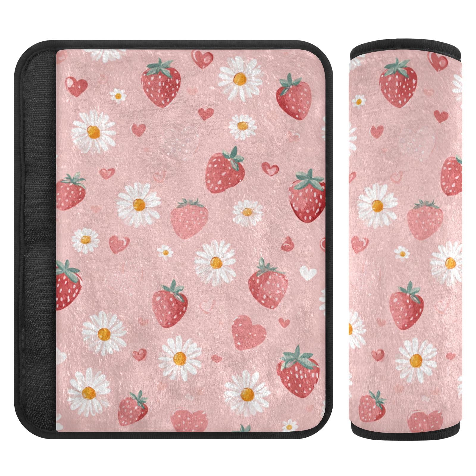 2 Pack Seatbelt Covers Seat Belt Cover Pad for Adults Boys Girls Car Seat Strap Covers Pads Cushion Universal Shoulder Strap Pad Protector for Backpack Camera Bag 6.5 Inch Pink Floral Strawberry Heart