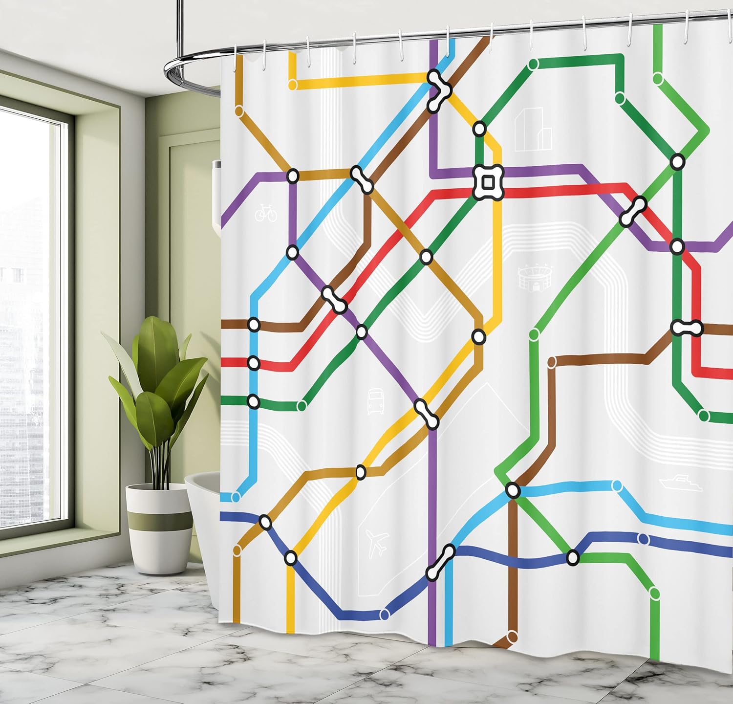 Ambesonne Map Shower Curtain, Stripes in Vibrant Colors Metro Scheme Subway Stations Abstract Railroad Transportation, Cloth Fabric Bathroom Decor Set with Hooks, 69" W x 75" L, Pale Grey Multicolor