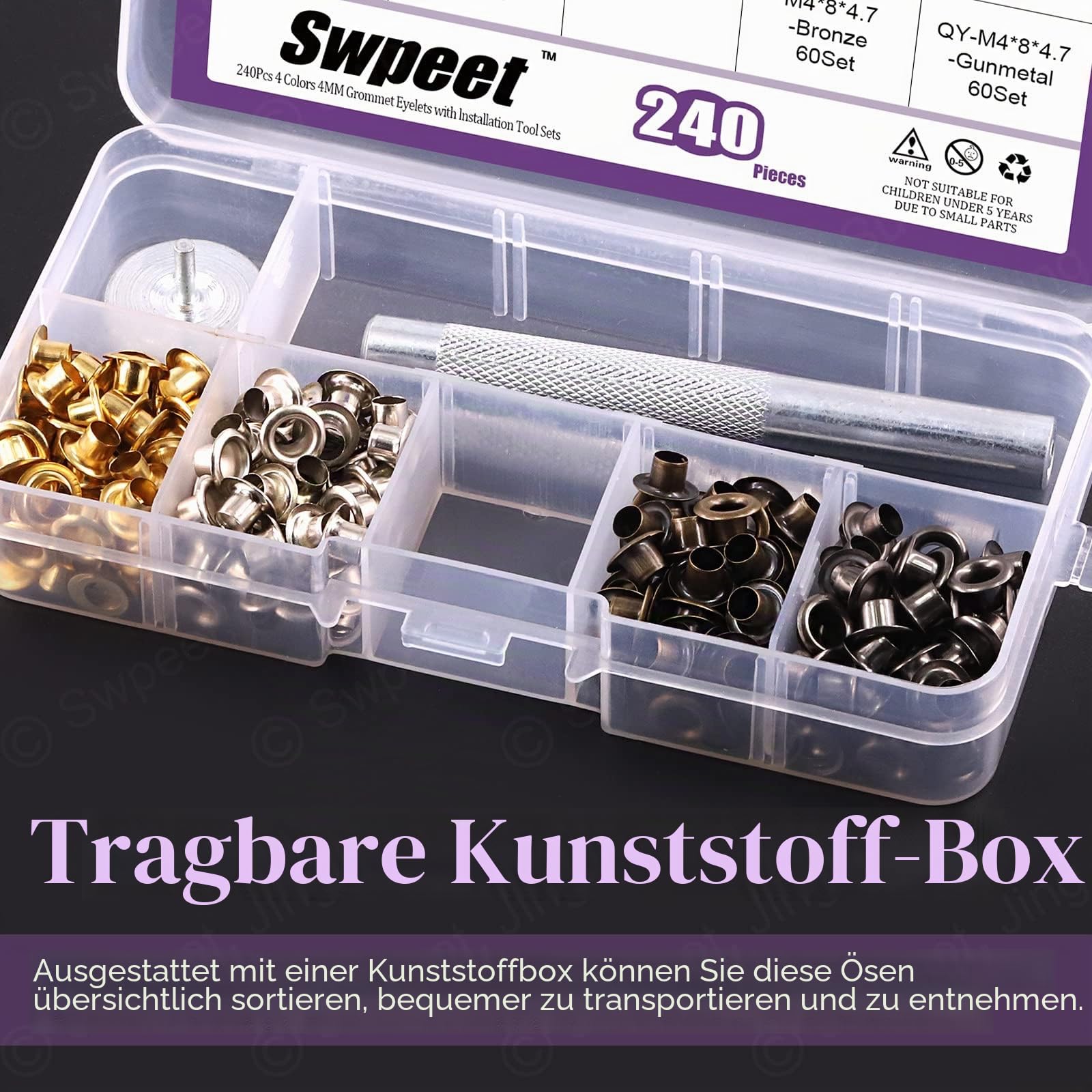 Swpeet 484 Stück – 240 Sets 3/20 Zoll (4 mm) Lochösen, dicke Metallösen und 3 x Einstellwerkzeug, weicher Gummihammer für die Reparatur von Leinwand, Leder