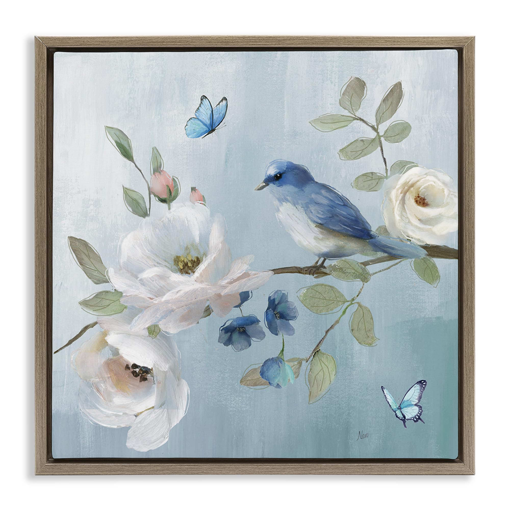 Stupell Industries Montalcino Elm (Textured) 'Pastel Blue Bird Blooms'| Floating Frame Canvas Art