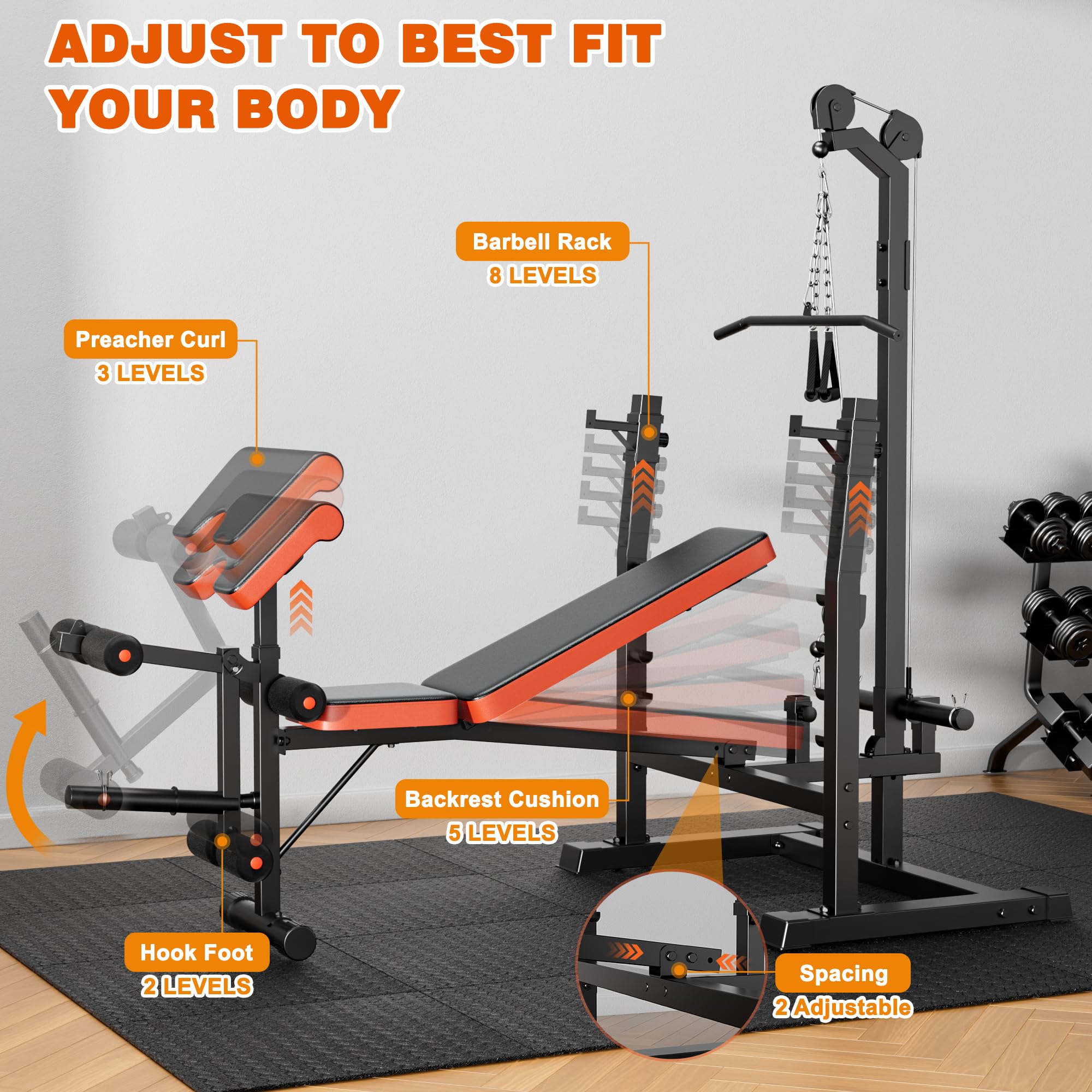 9-in-1 Olympic Weight Bench Set with Lat Pulldown, Rowing, Squat Rack, Leg Extension/Curl, Preacher Pad, 900LB Adjustable Bench Press for Home Gym Weight Lifting Full-Body Workout