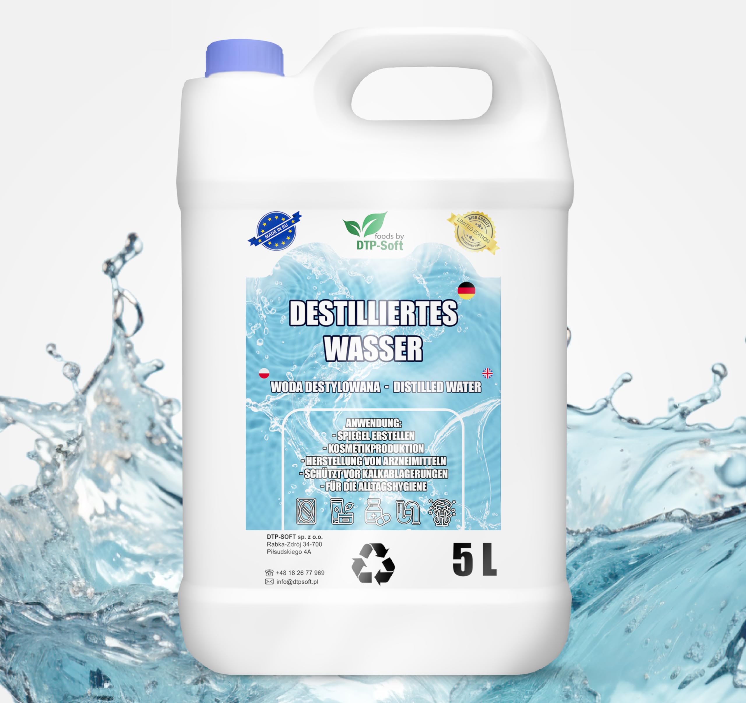 Eau distillée 100% pure 25L | Eau déminéralisée 5x5L - eau distillée adaptée pour fer à repasser, humidificateur, batteries et bien plus encore