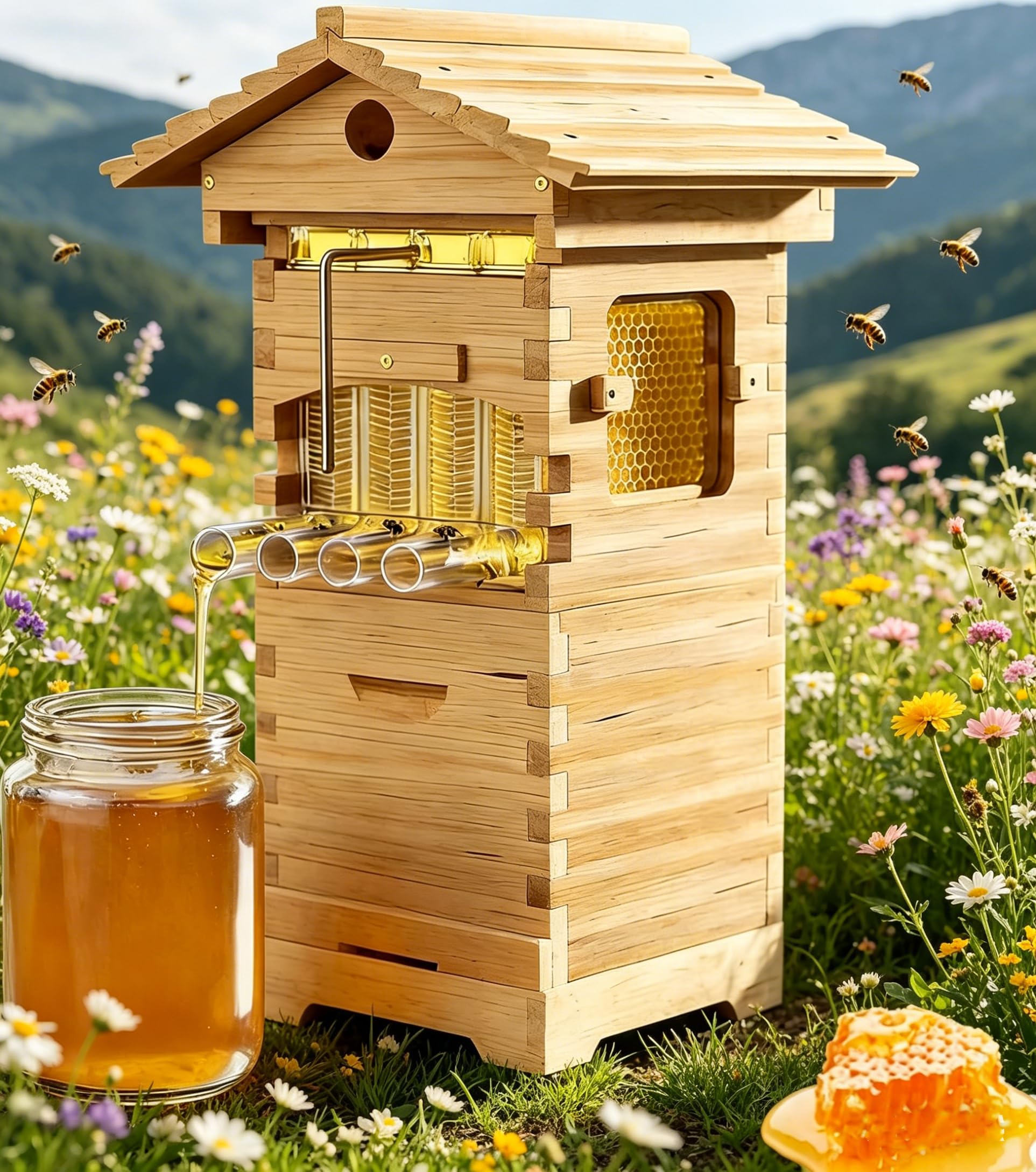 forplubossmmp Automatic Self-Flowing Beehive Starter Kit, Complete Mini Wooden Flow Hive Box With Observation Window For Beginners Gardeners Beekeepers – Complete Backyard Beekeeping Set