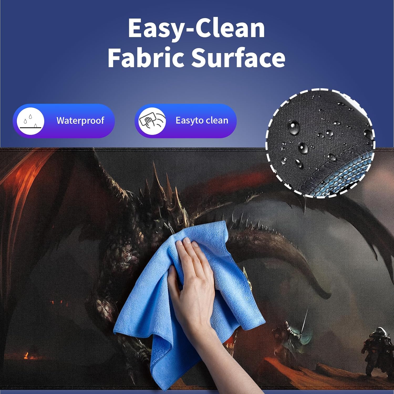 XXL Gaming Mouse Pad with Stitched Edges for PC Home & Office 31.5 x 11.8 inches - Knight Fighting Dragon Fantasy Scene, Smooth Cloth Surface Anti-Slip Natural Rubber Base Large Desk Mat - Image 5