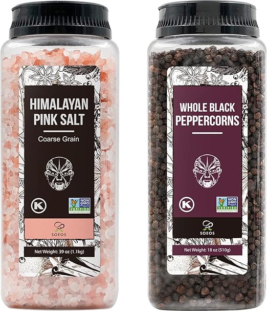 Soeos Himalayan Pink Salt 39 oz + Whole Black Peppercorns