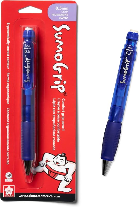 SAKURA 50282 SumoGrip 0.5-mm Pencil with Eraser, Clear Blue | Comfort Grip Pencil, Jumbo Twist-Out Eraser Lasts Longer Than Standard, Light-Weight Barrel, Refillable Lead