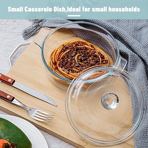 Miniatura 4 de Maxcheck Cacerola de vidrio con tapa, 2 piezas, cacerola redonda para hornear, 1.7 L y 0.8 L, utensilios de cocina cubiertos, cuencos para