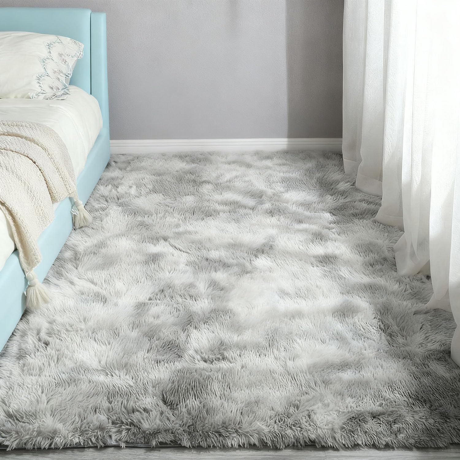 Tapis salon shaggy poil facile à entretenir et lavable gris