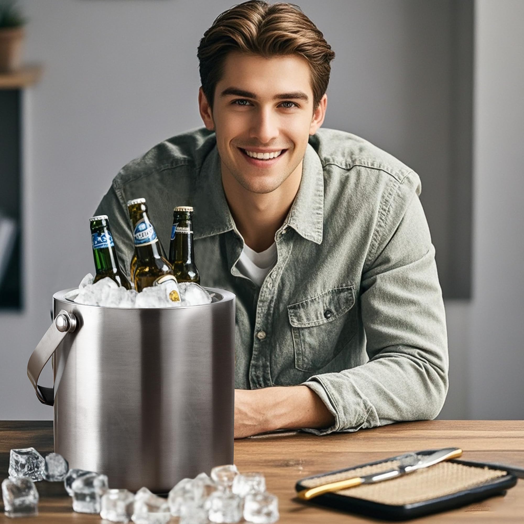 1.6 litri Secchiello Ghiaccio, Secchiello Ghiaccio In Acciaio Inox con Coperchio sigillante, Colino e pinze per Ghiaccio, Perfetto per cocktail Bar, Feste, Casa