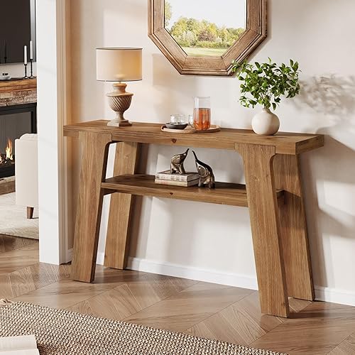 Miniatura 6 de Mesa de entrada con consola de madera maciza, mesa de sofá pequeña de 47 pulgadas con almacenamiento de 2 niveles para pasillo, detrás del sofá,