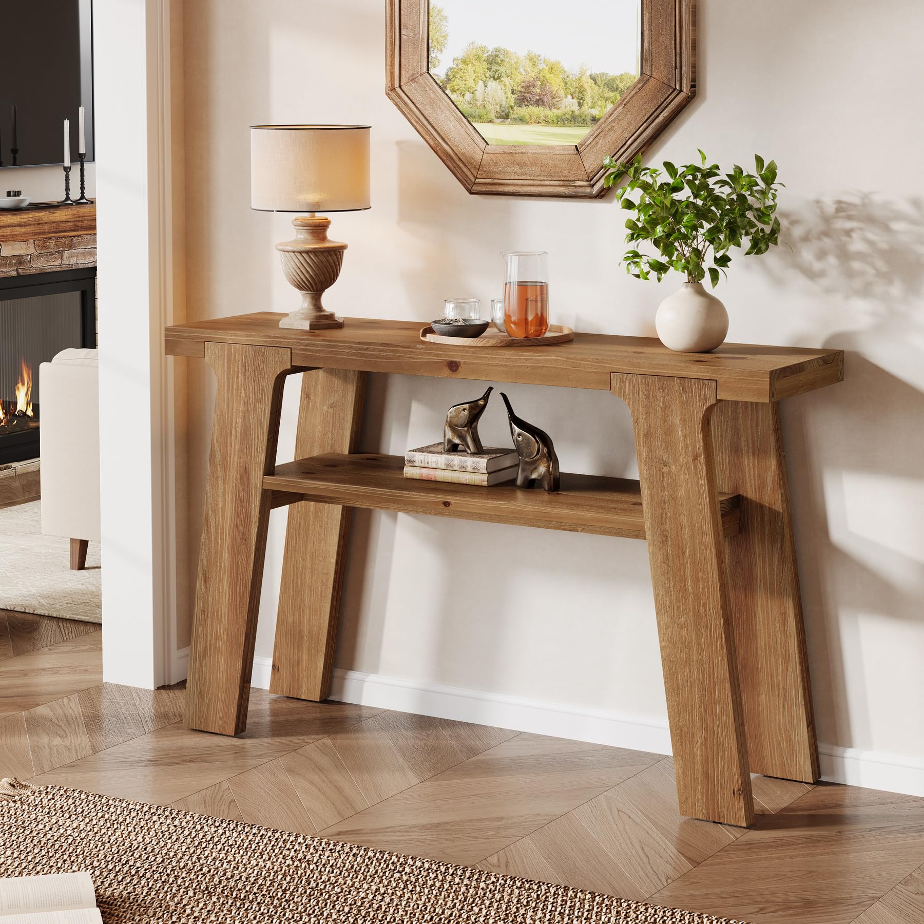 Table Console en Bois Massif, 120 x 30 x 80 cm, Console étroite de Style Champêtre avec 2 étagères, pour un Couloir, Derrière un Canapé, Dans un Salon ou une Entrée, Montage Facile