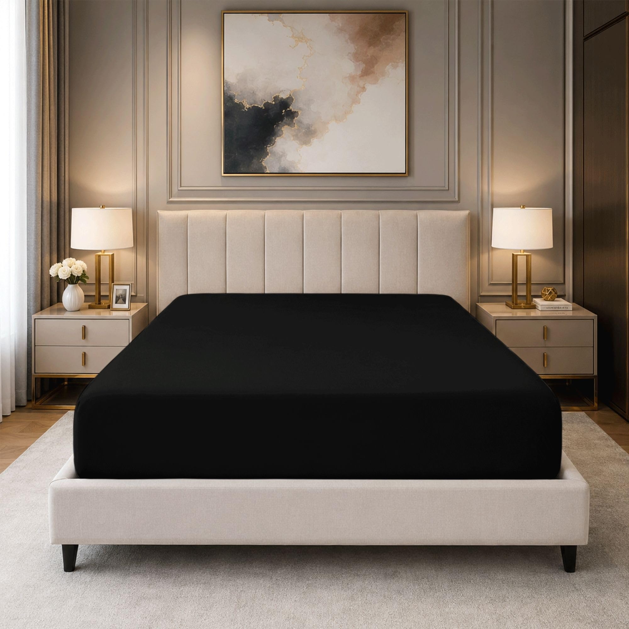 Bloombedding Black 100% Egyptian Cotton Single Sheet, 40Cm Fitted Sheets, 400 Thread Count Bed Sheet, Extra Deep Pocket, Soft Breathable Bedding, Elasticated Fit