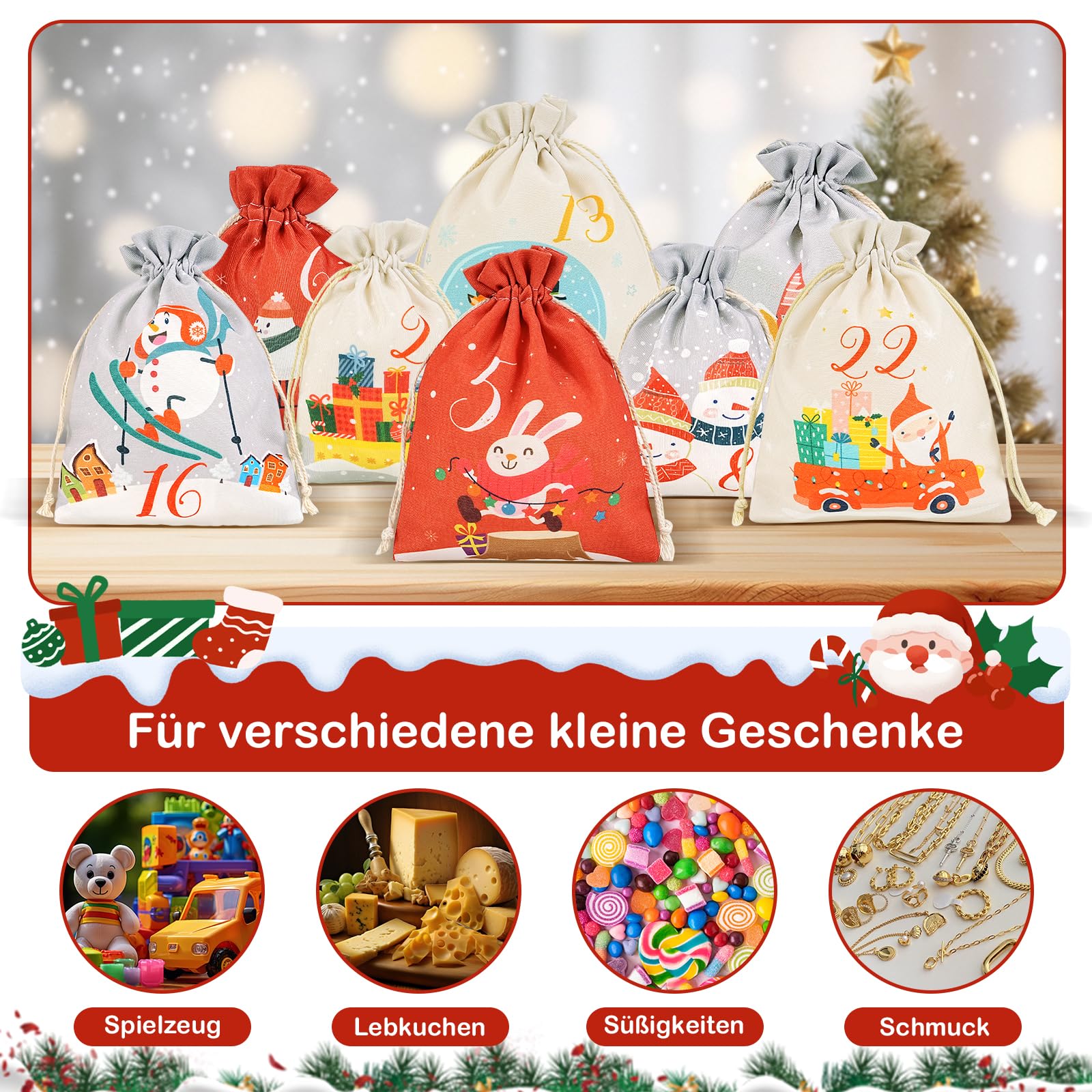 Adventskalender zum Befüllen, Weihnachtskalender Selber Befüllen Kinder, Adventskalender zum Selbstbefüllen stoff, 24 Weihnachtskalender zum Befüllen Säckchen, Adventskalender (Rot)