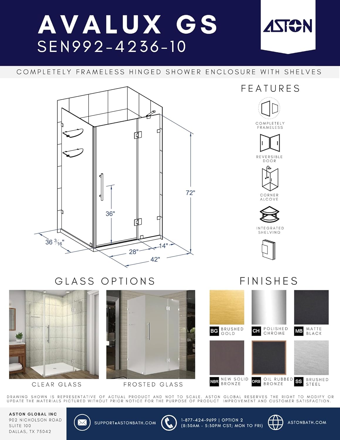 Avalux GS 42 in. W x 36 in. D x 72 in. H Rectangular Pivot Frameless Corner Shower Enclosure in Brushed Gold with Clear Glass