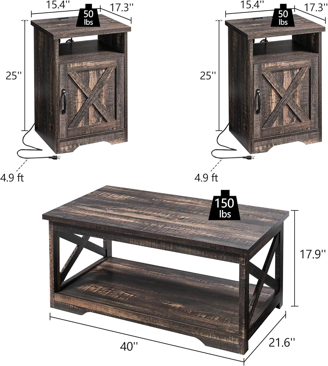 5-Piece Farmhouse Living Room Table Sets, Includes 75" Rustic TV Stand with 36" 3-Sided Glass Fireplace, 40" Coffee Table and 2 End Tables with Charging Station & Barn Doors, Black Oak 75in Black Oak