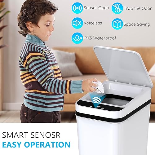 Miniatura 3 de Cubo de basura pequeño para baño con tapa, 2.6 galones, sin contacto, automático, delgado, impermeable, sensor de movimiento, cubo de basura Blanco