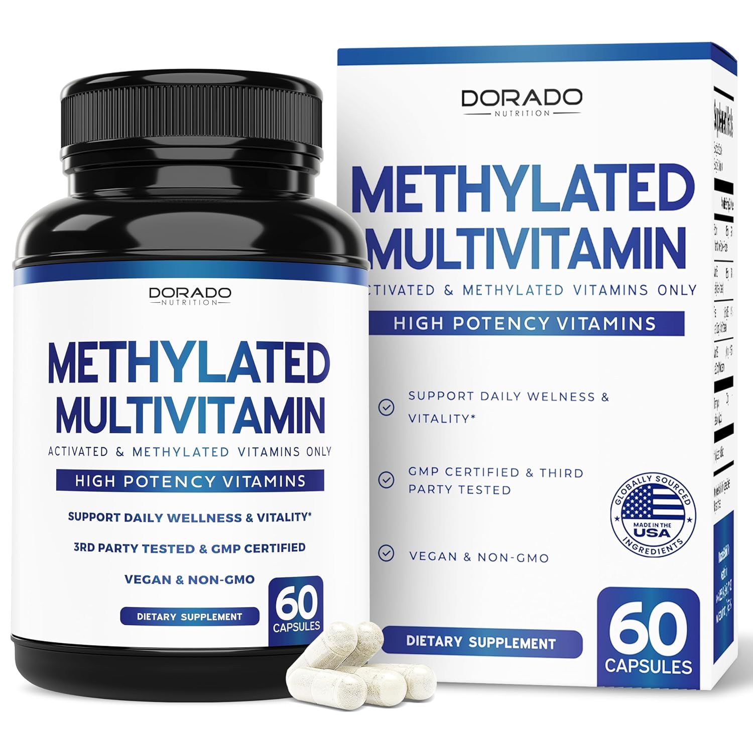 Methylated Multivitamin Methylated and Activated Vitamins Only - Methylated B Complex with Trimethylglycine TMG and Methylfolate Non-GMO Gluten