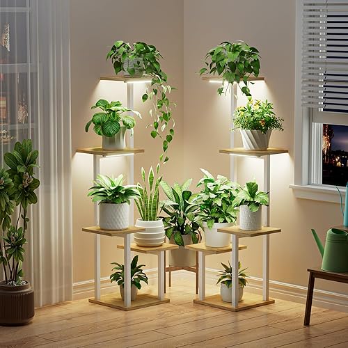 Miniatura 6 de Soporte para plantas de interior con luz de crecimiento, paquete de 2 estantes de metal para plantas de interior múltiples, 5 estantes esquineros