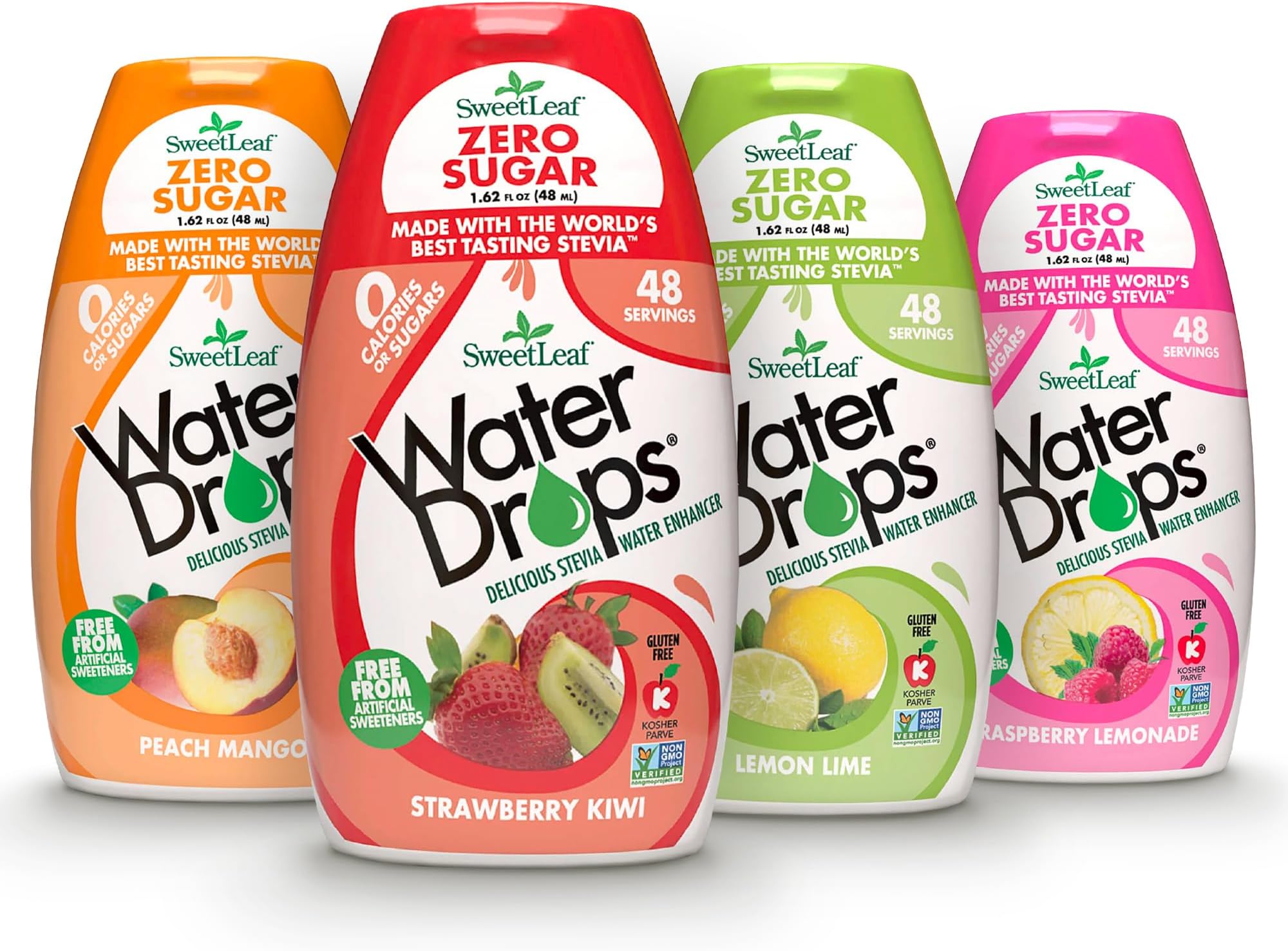 SweetLeaf Sweetleaf Stevia Natural Water Drops Variety Pack With Raspberry Lemonade, Lemon Lime, Peach Mango & Strawberry Kiwi (1.62 Ounce Each)