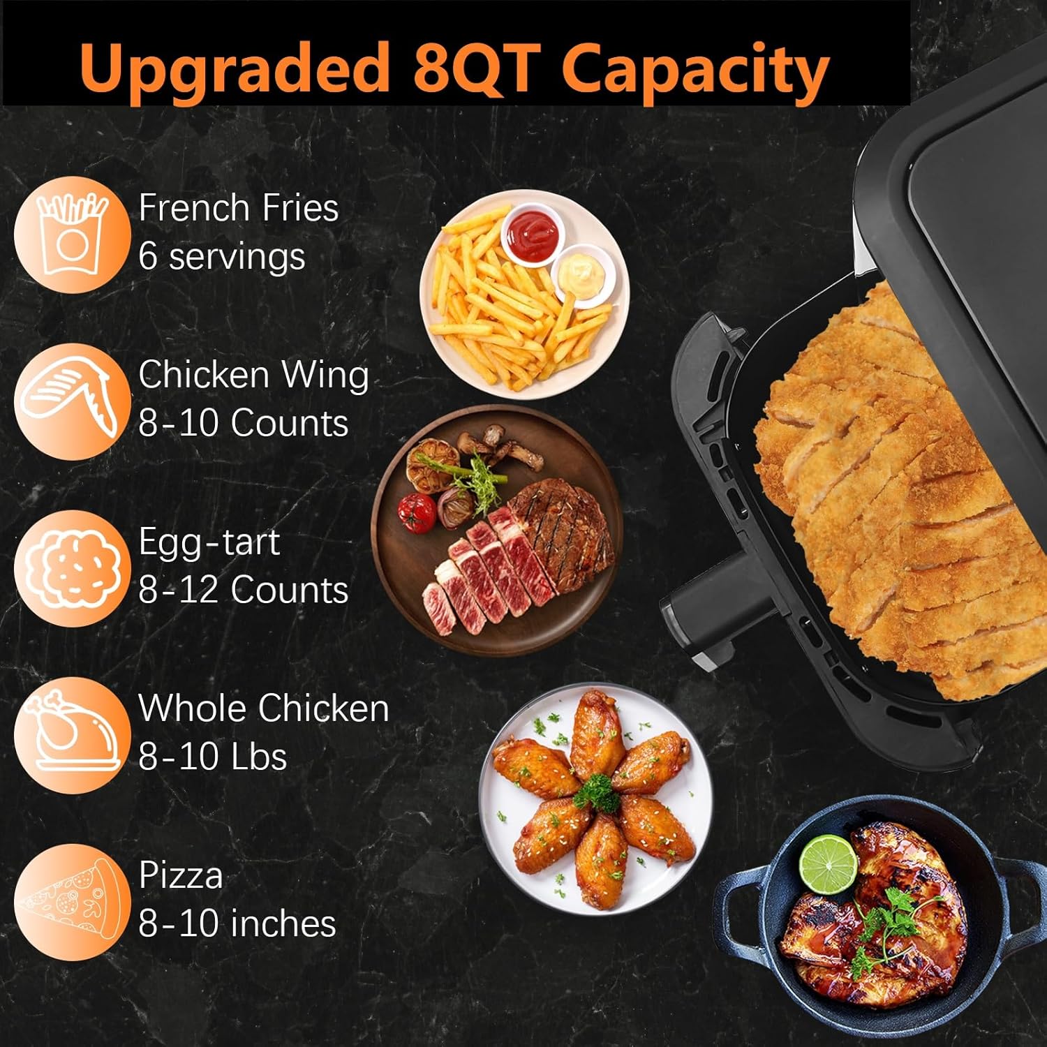 8QT Digital Air Fryer, 1500W Electric Air Fryer Toaster Oven, Oil -Free Multifunction Air Fry with 60 Minute Timer for Baking and 10 Preset Programs, Stainless Steel Accents